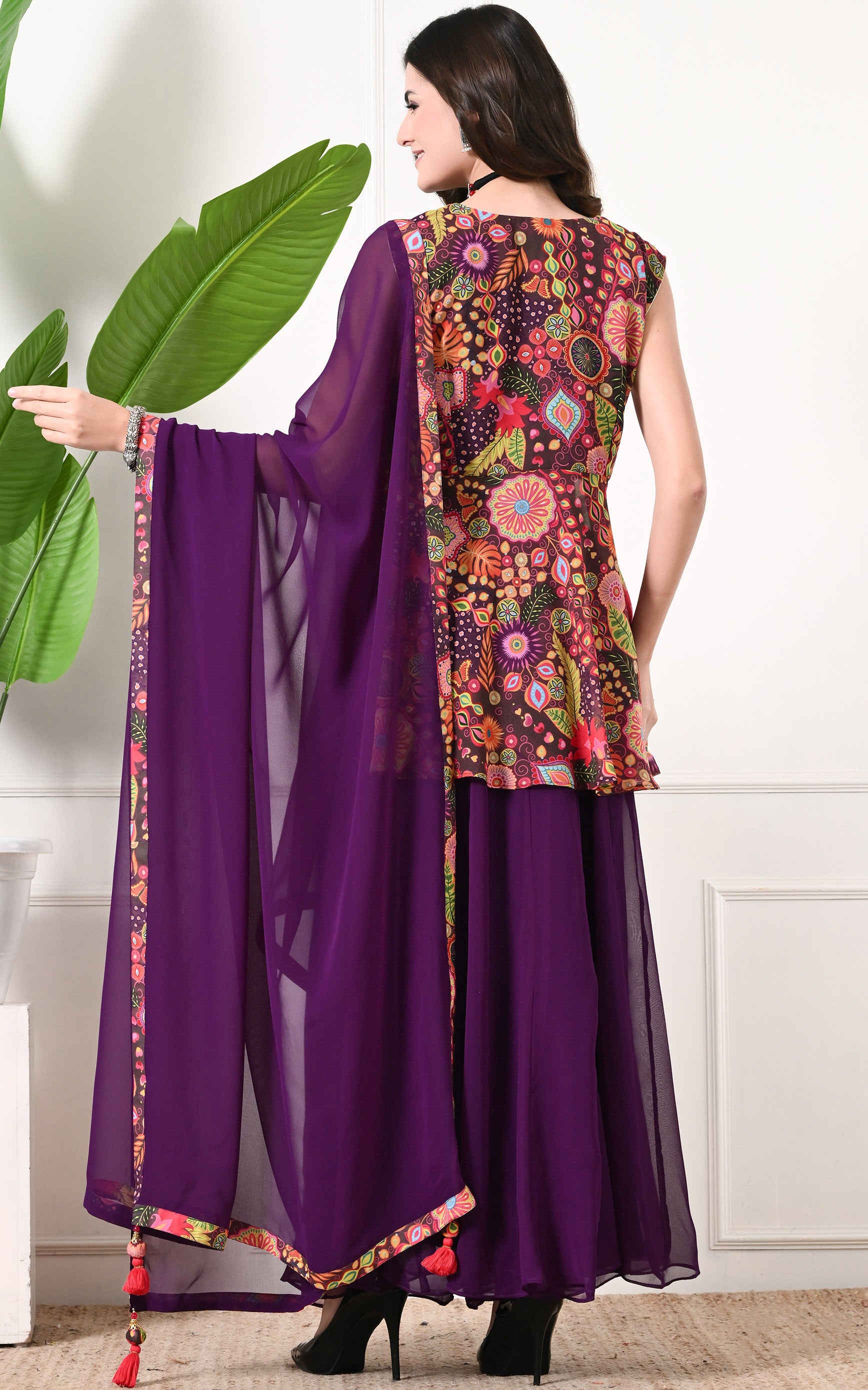 Purple Peplum Printed Sharara Set