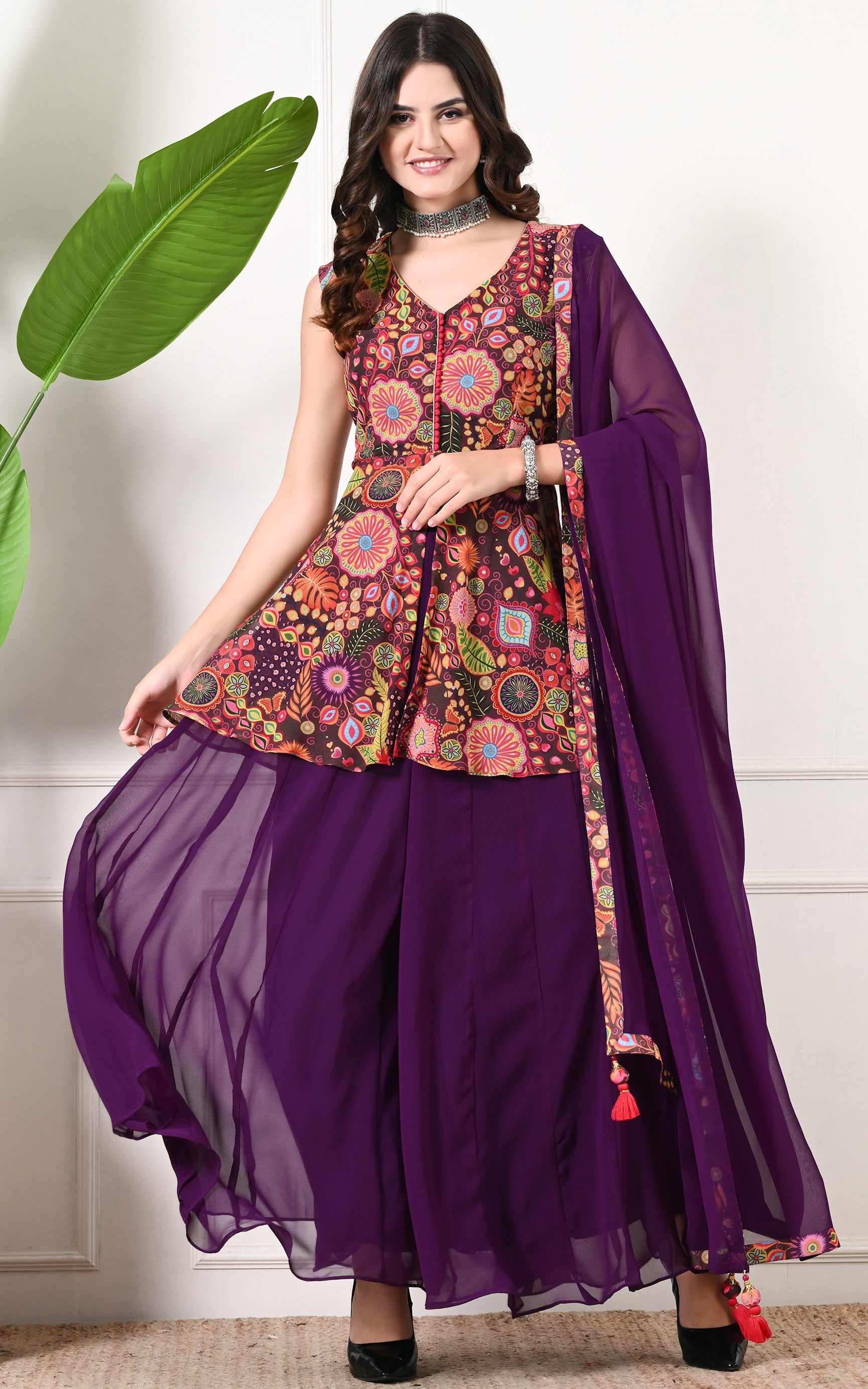 Purple Peplum Printed Sharara Set