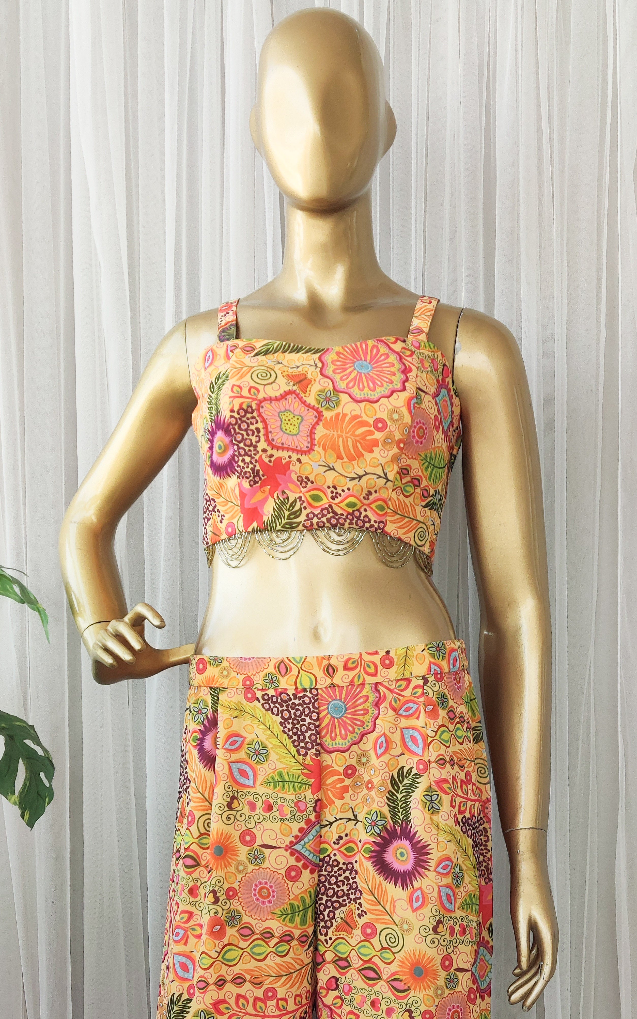 Yellow Colorful Printed  Crop-Top & Sharara Set