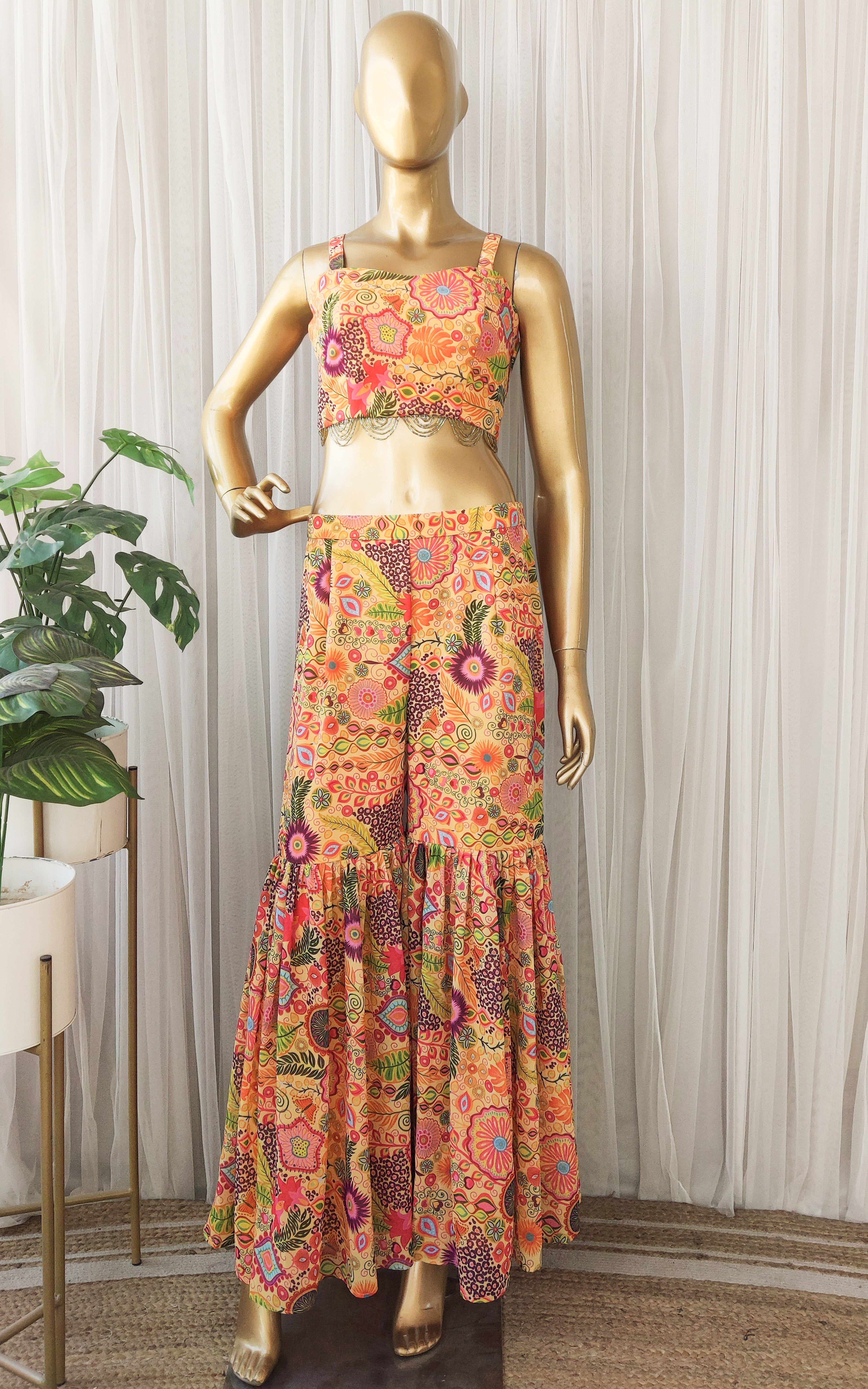 Yellow Colorful Printed  Crop-Top & Sharara Set