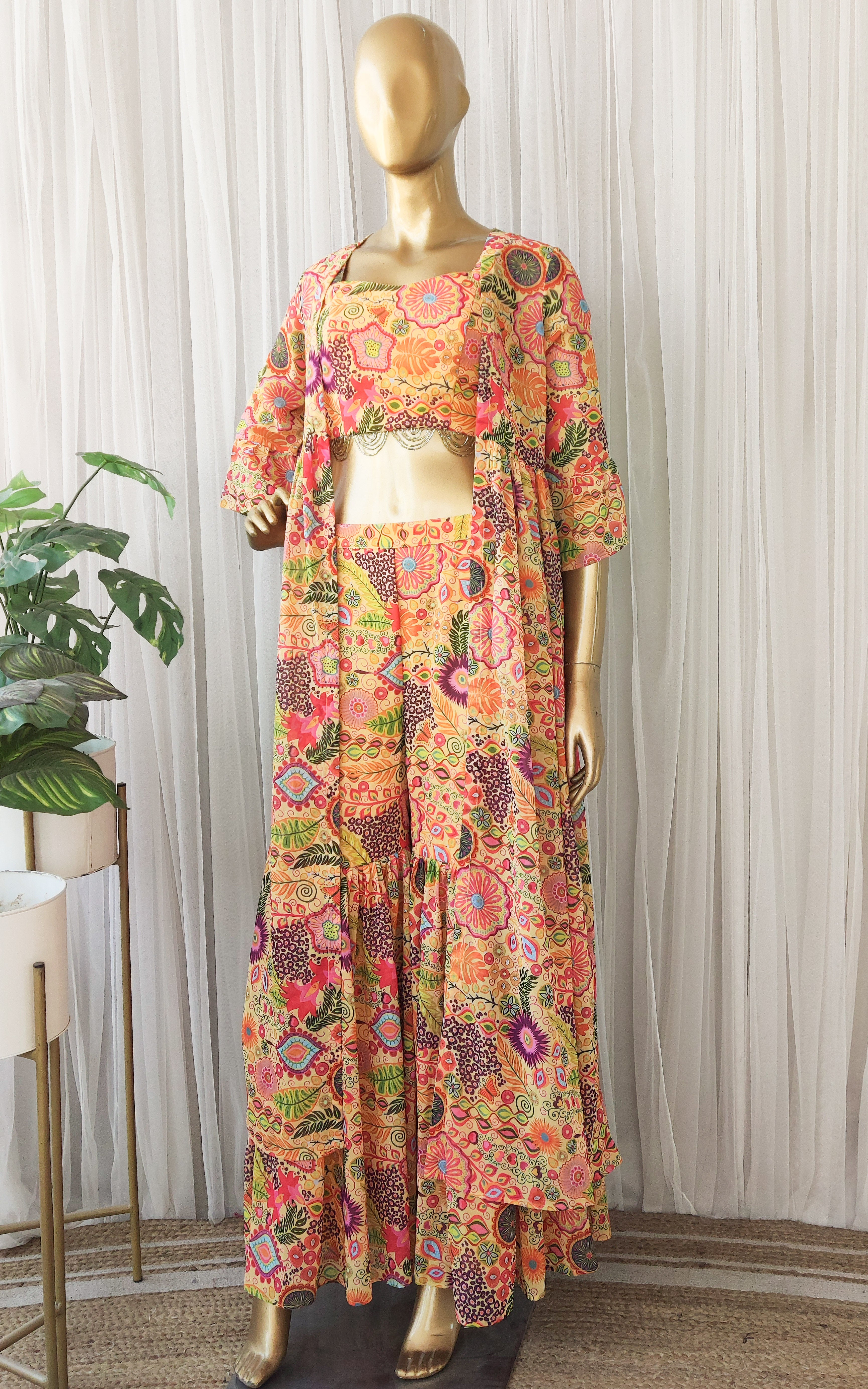 Yellow Colorful Printed  Crop-Top & Sharara Set