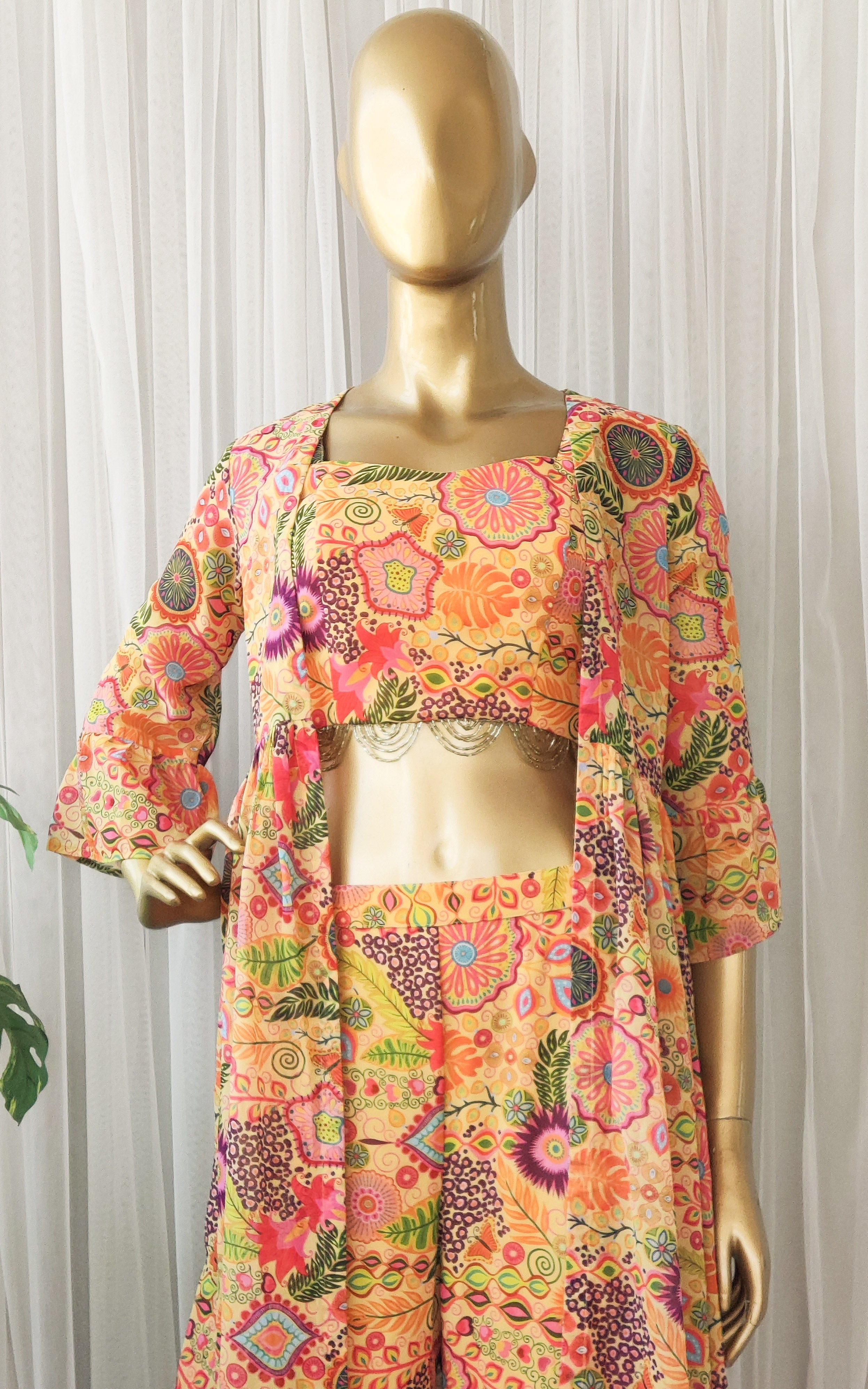 Yellow Colorful Printed  Crop-Top & Sharara Set