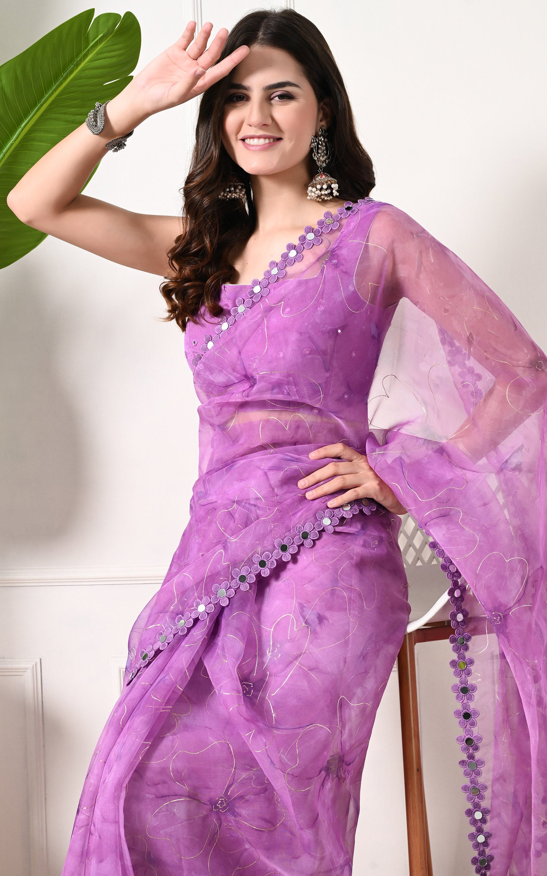 Purple Floral Organza Mirrorwork Saree