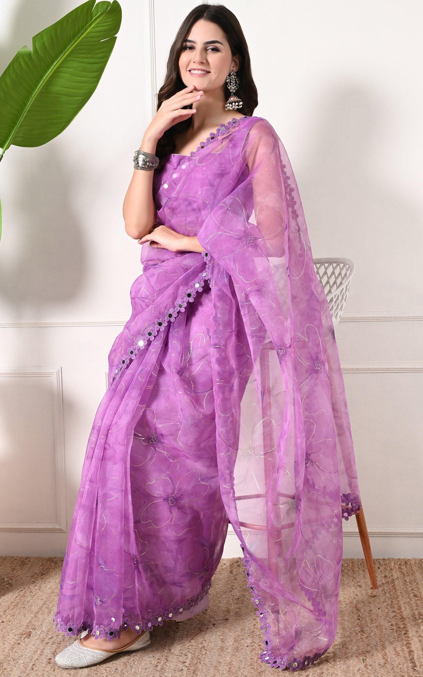 Purple Floral Organza Mirrorwork Saree