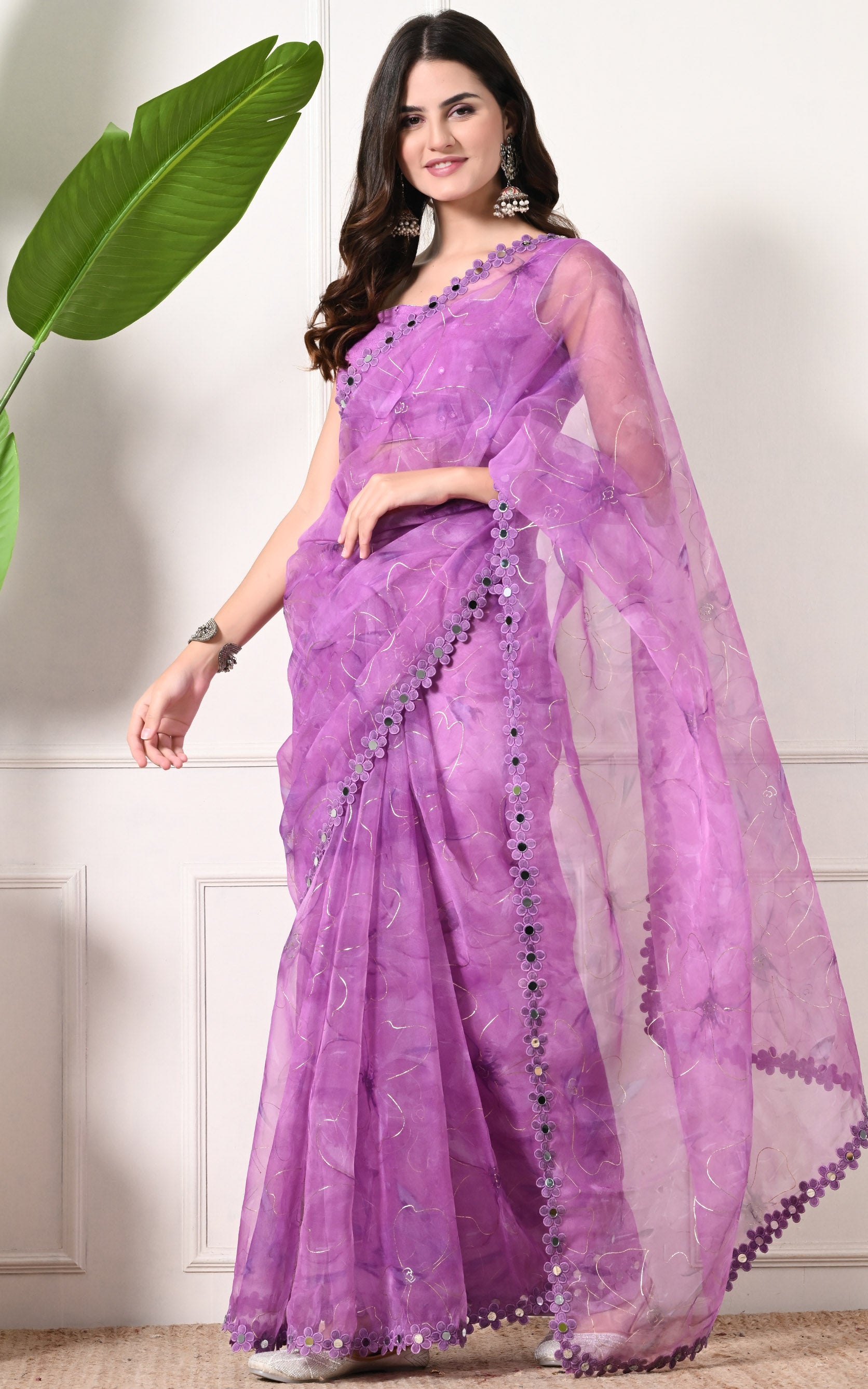 Purple Floral Organza Mirrorwork Saree