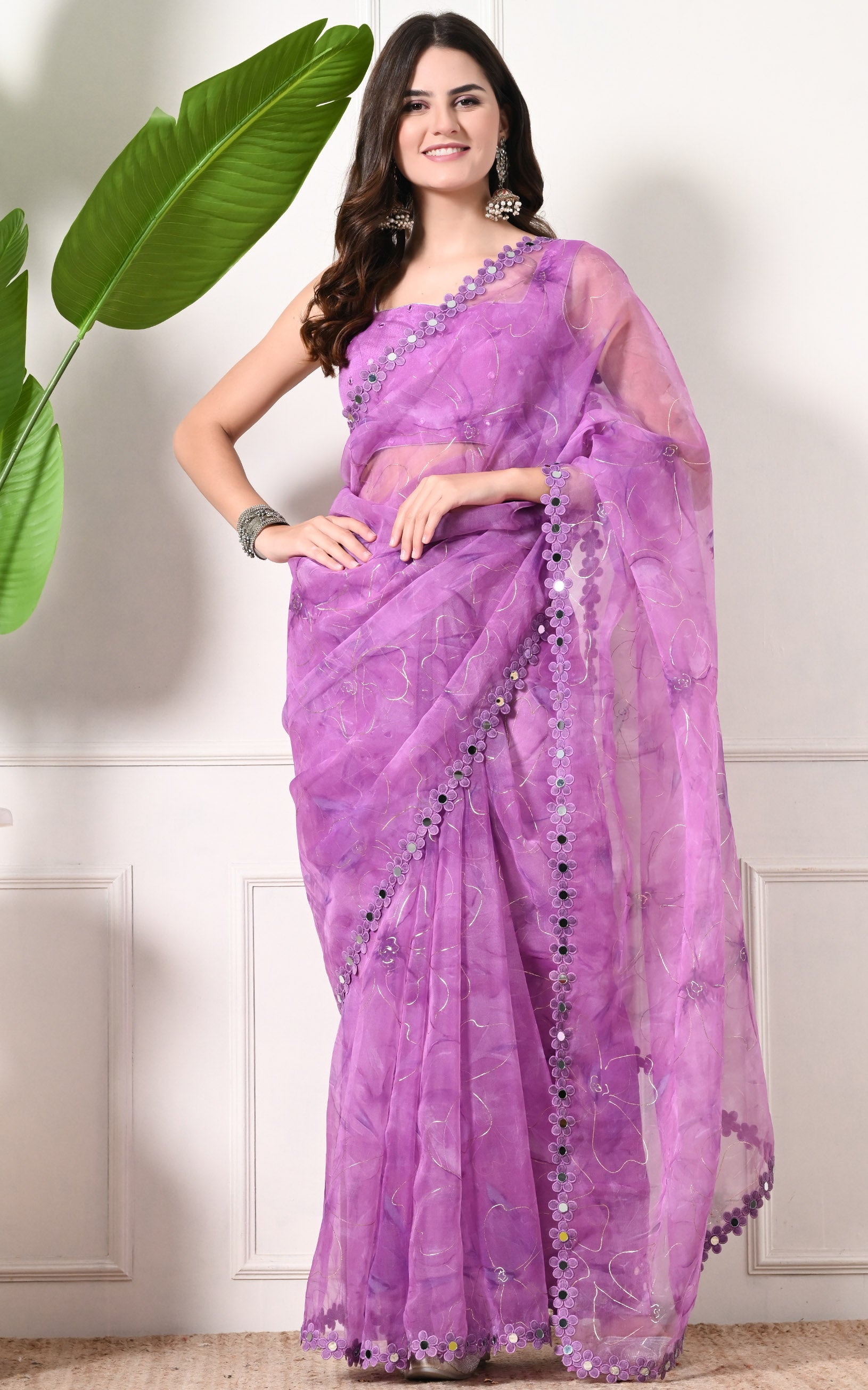 Purple Floral Organza Mirrorwork Saree