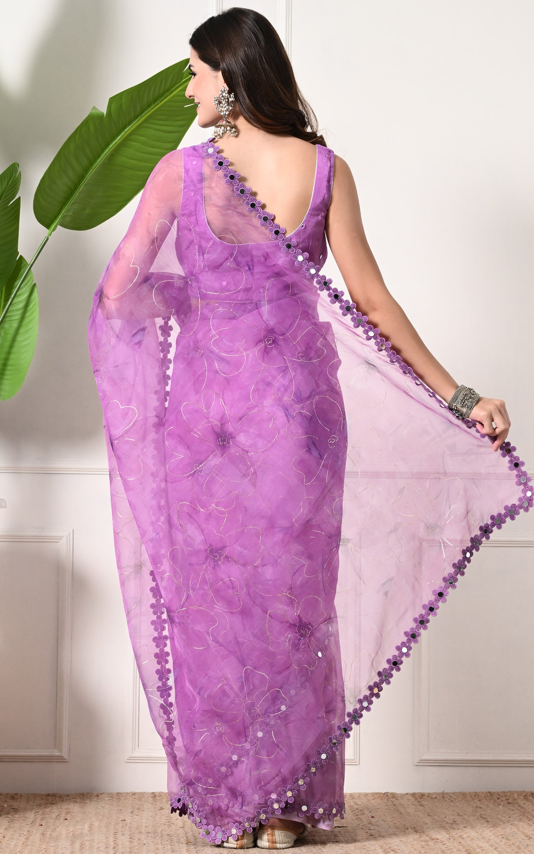 Purple Floral Organza Mirrorwork Saree