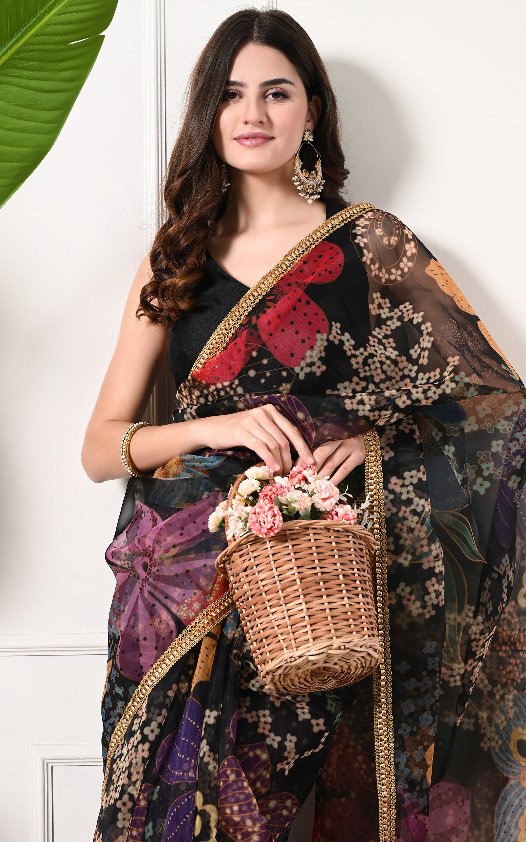 Black Multicolor Floral Organza Saree