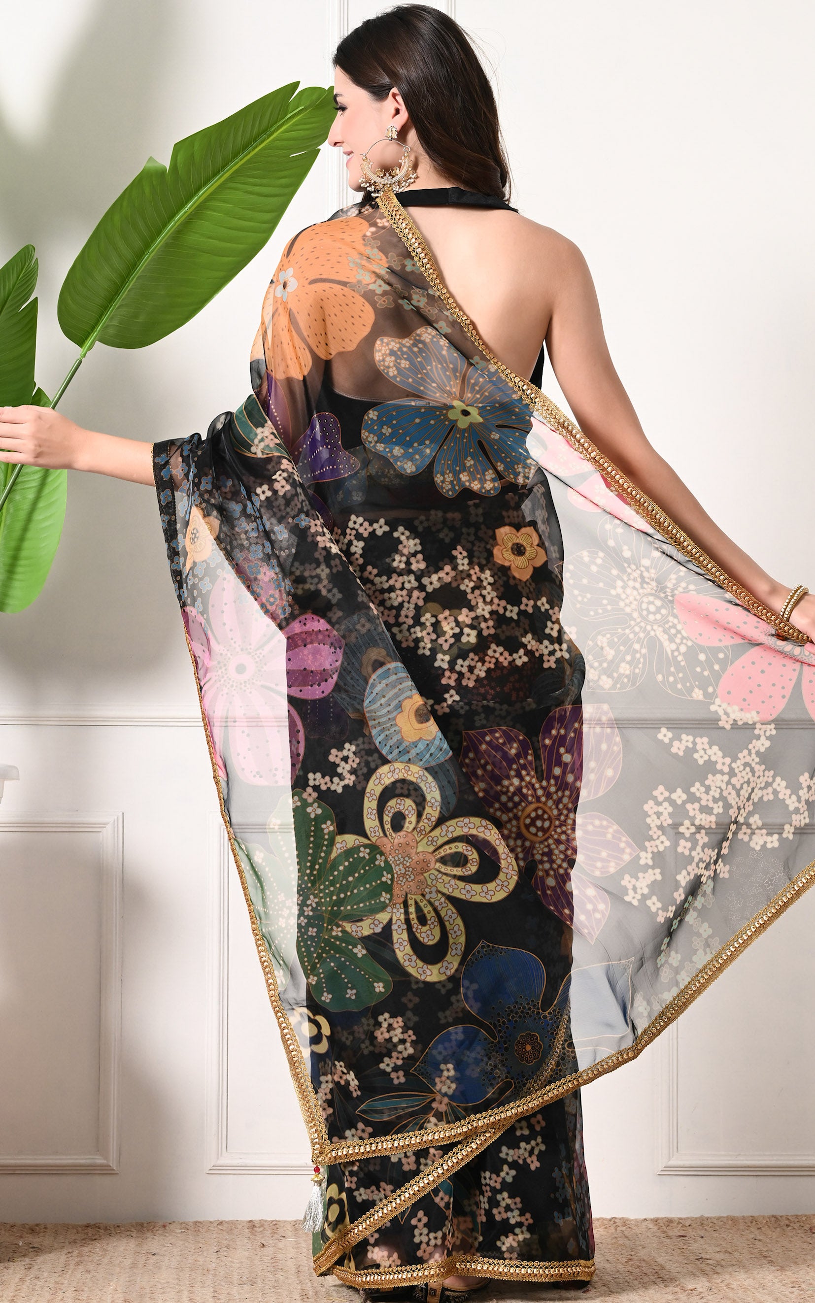 Black Multicolor Floral Organza Saree