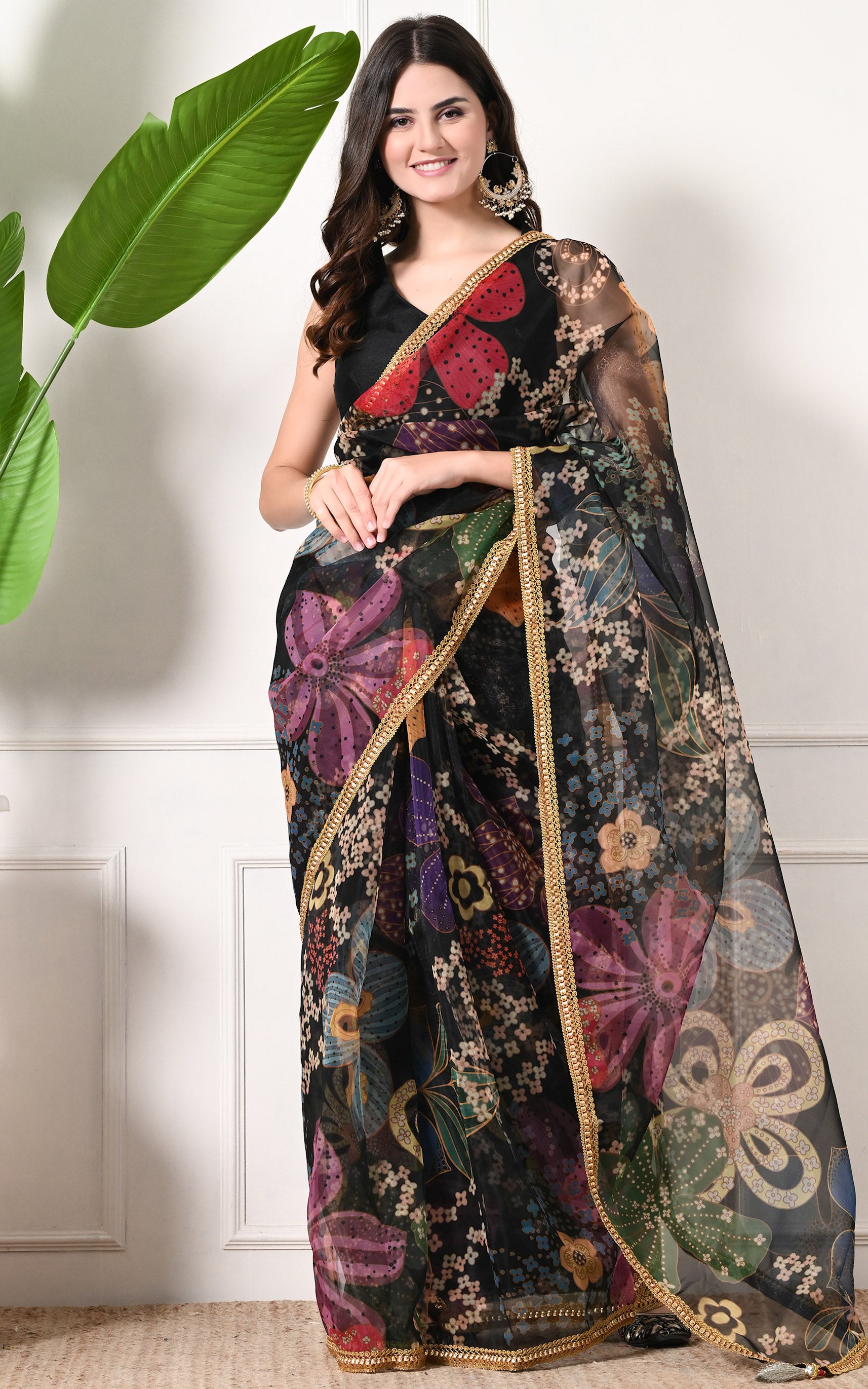 Black Multicolor Floral Organza Saree