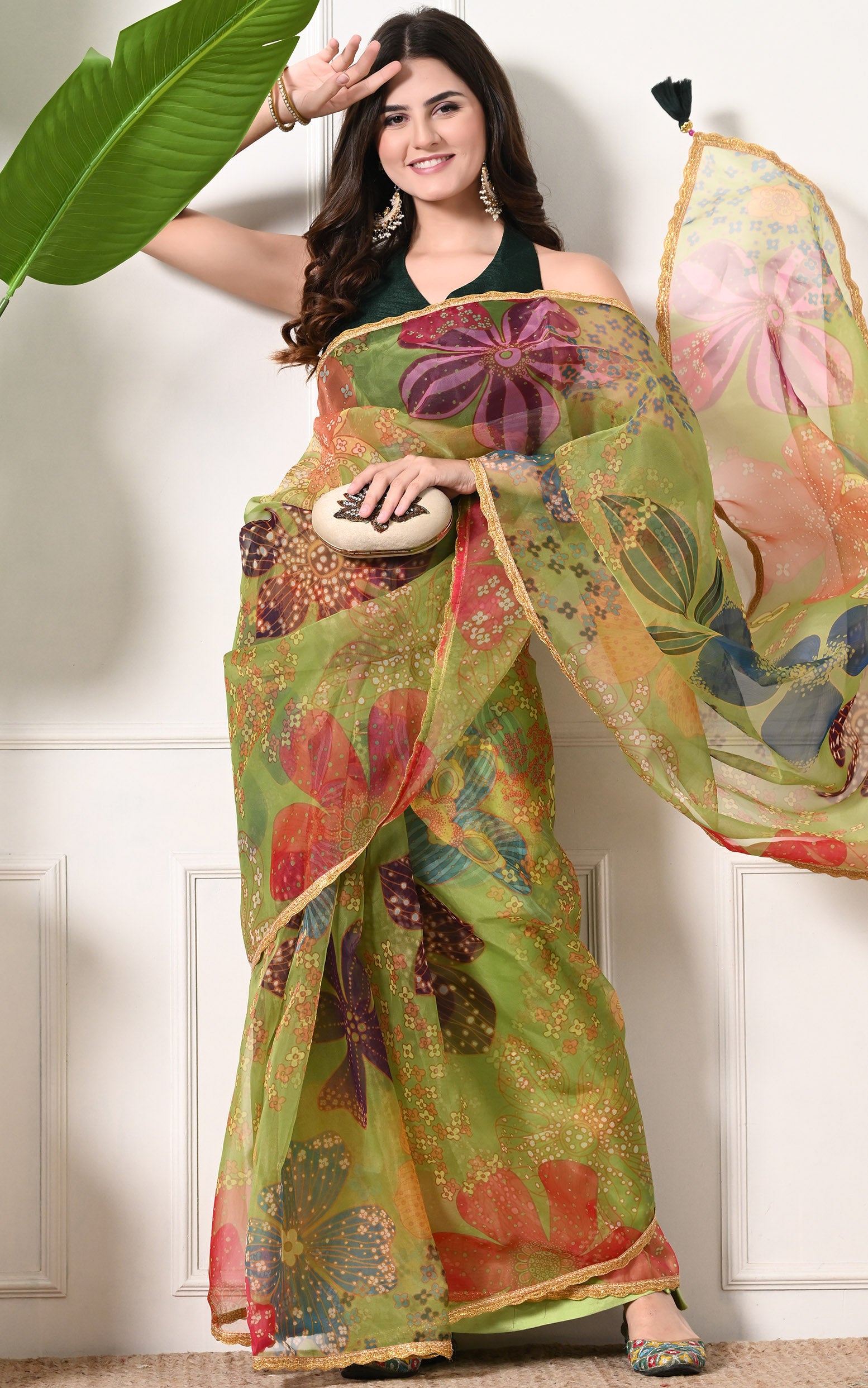 Parrot Green Floral Organza Saree