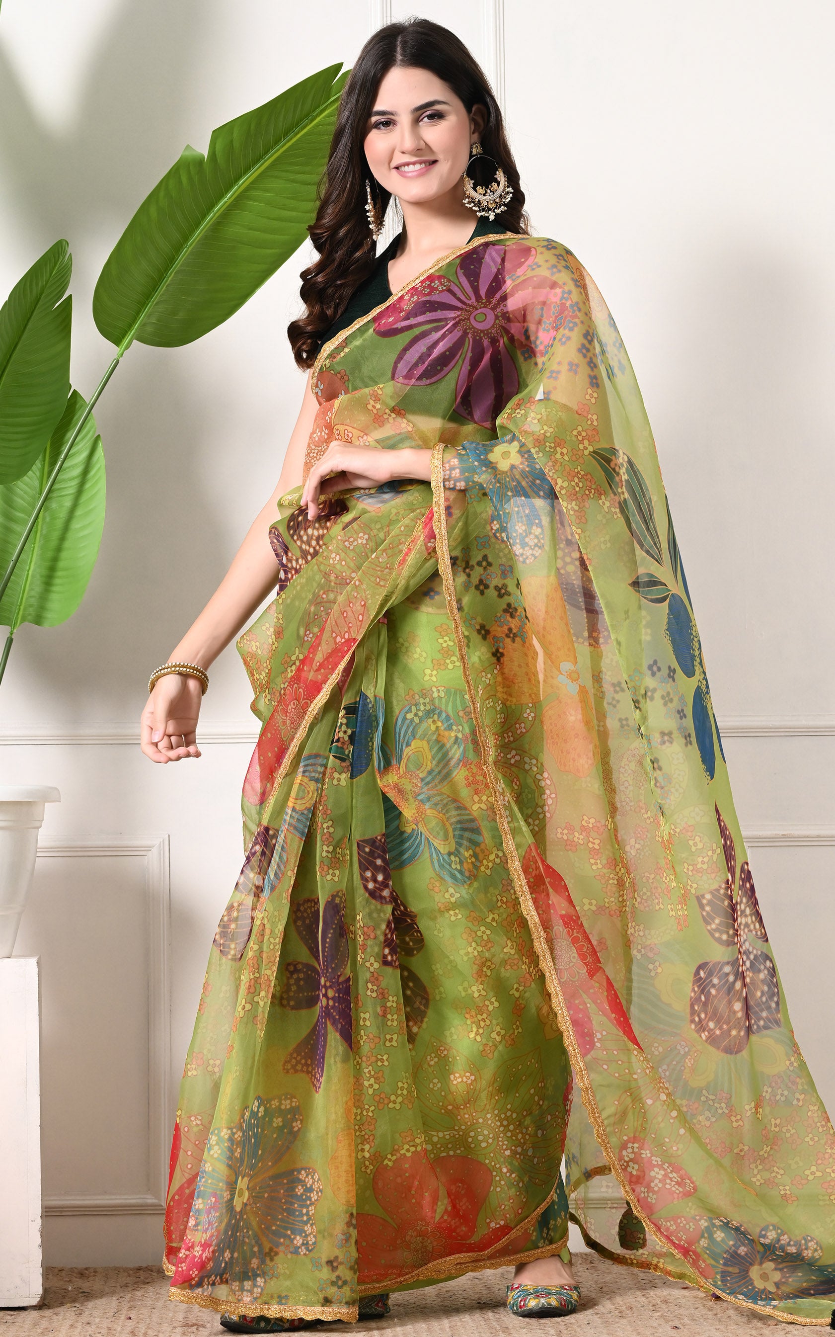 Parrot Green Floral Organza Saree