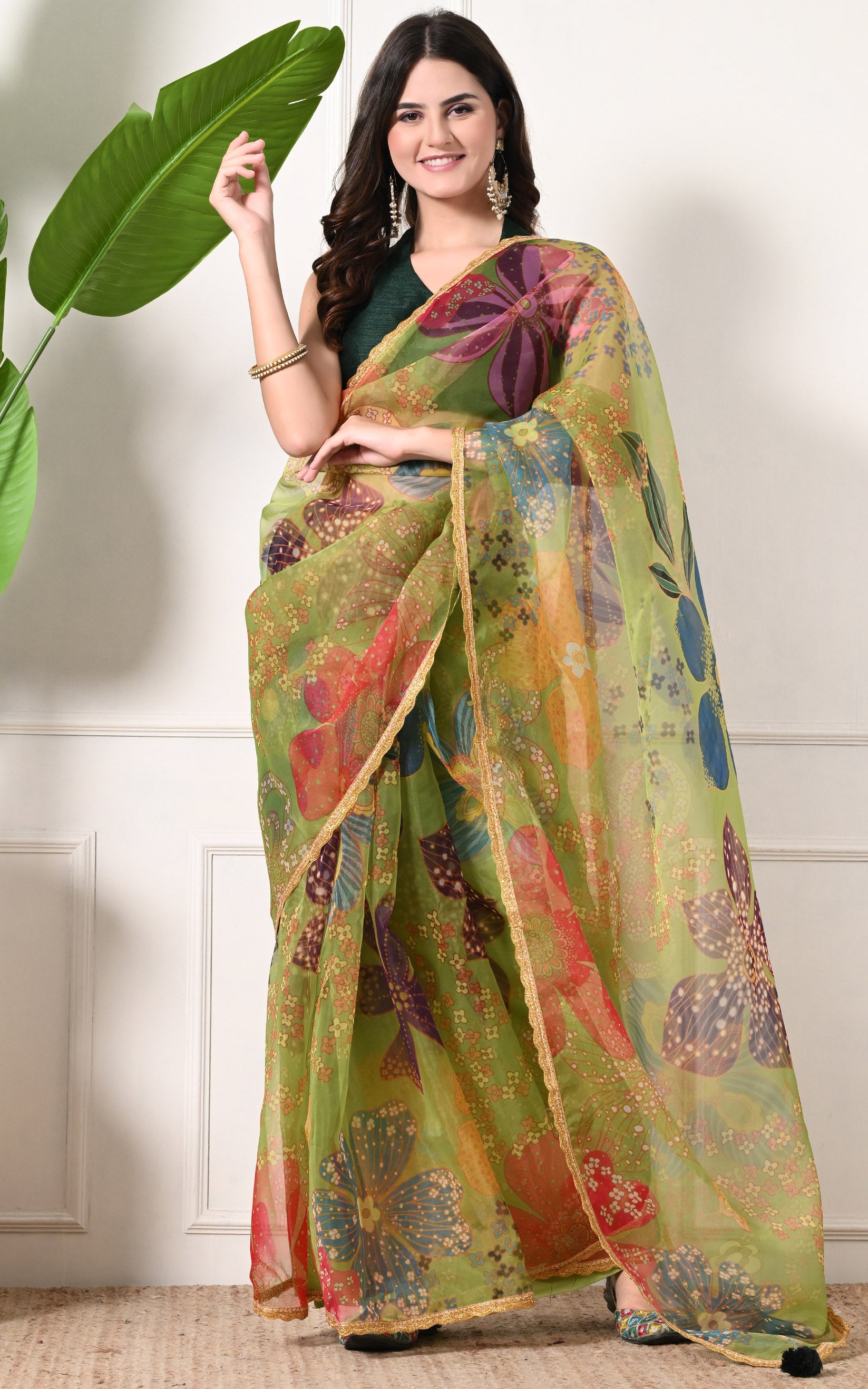 Parrot Green Floral Organza Saree