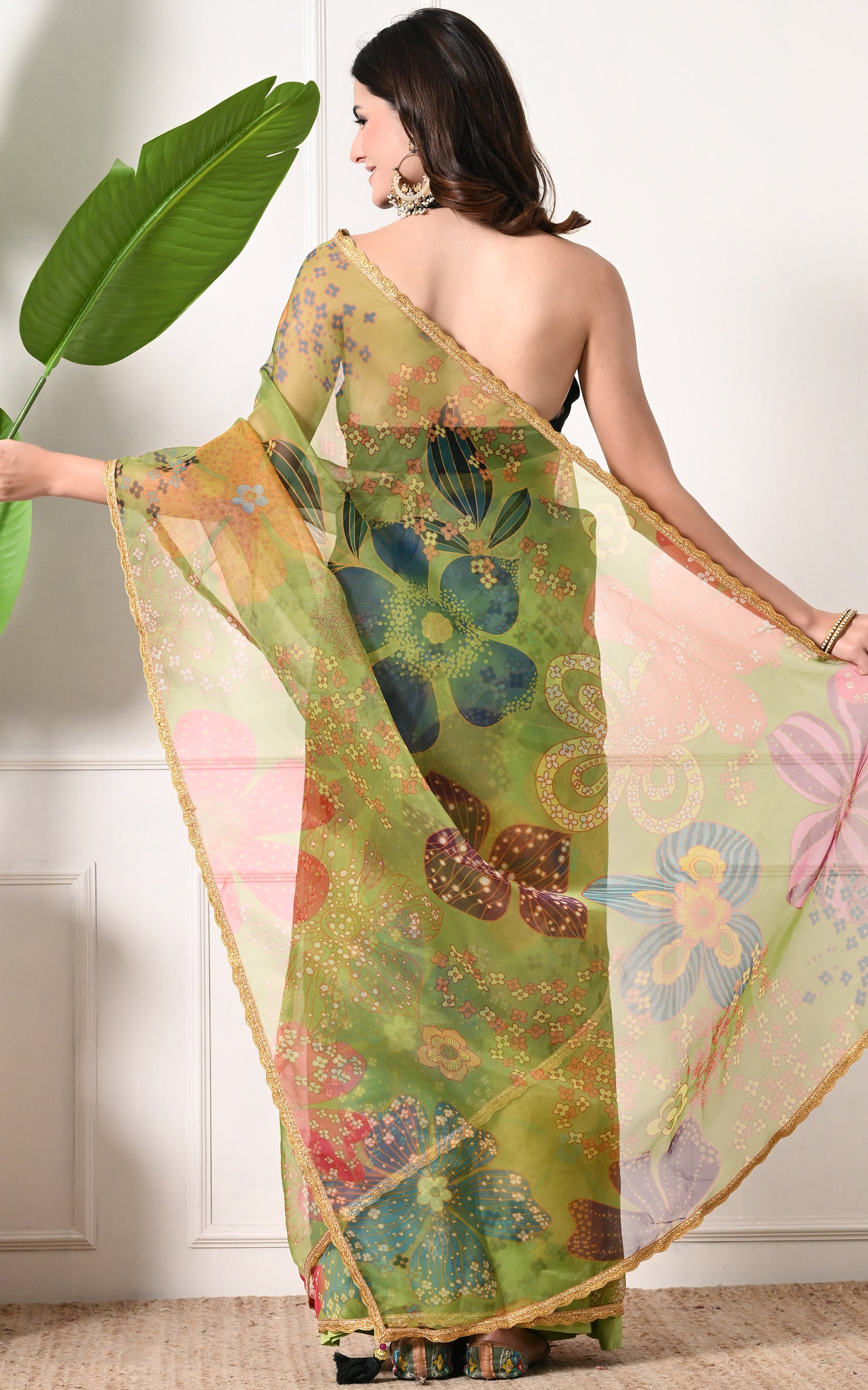 Parrot Green Floral Organza Saree