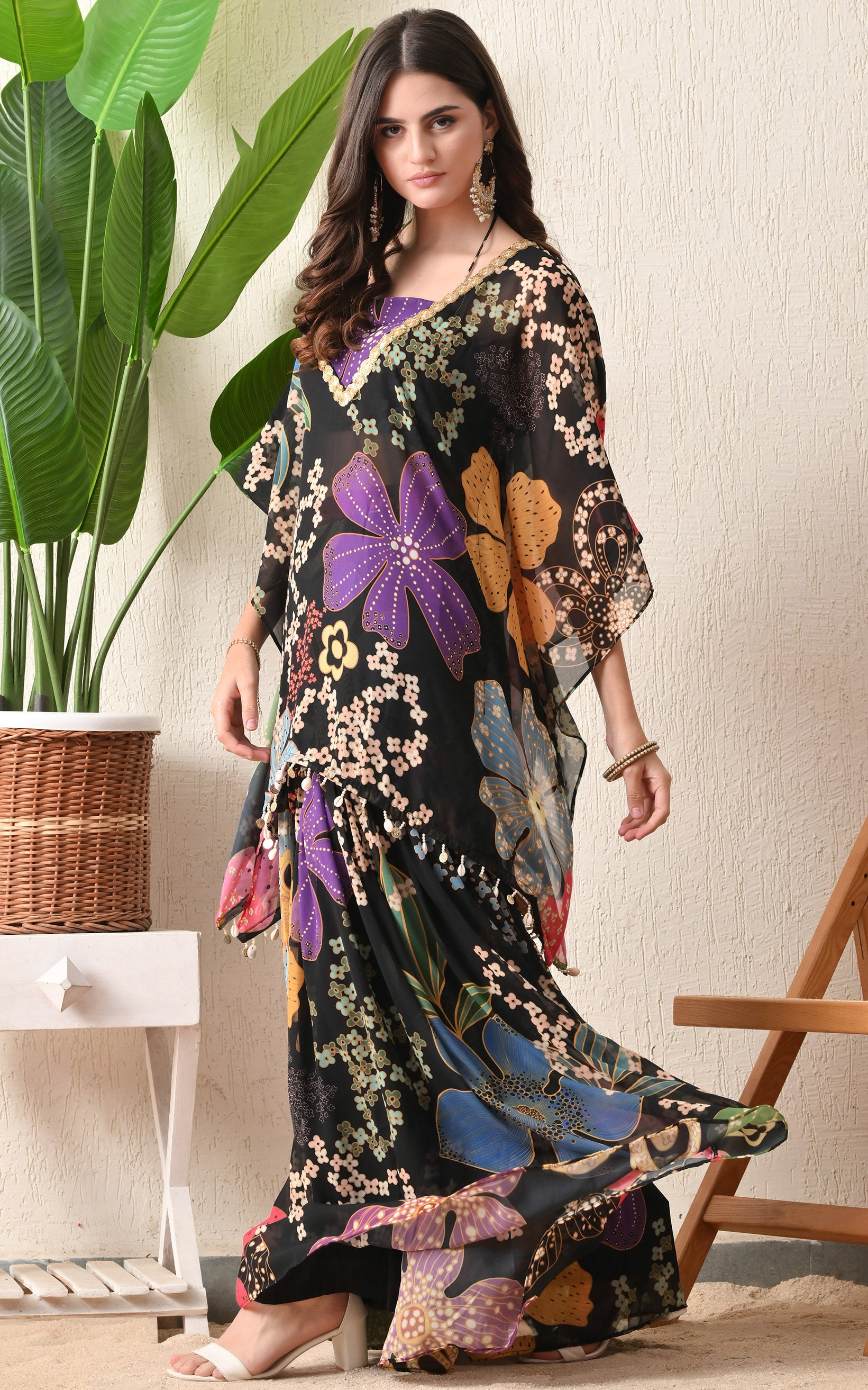 Black Floral Printed Crop Top Sharara Kaftan Set