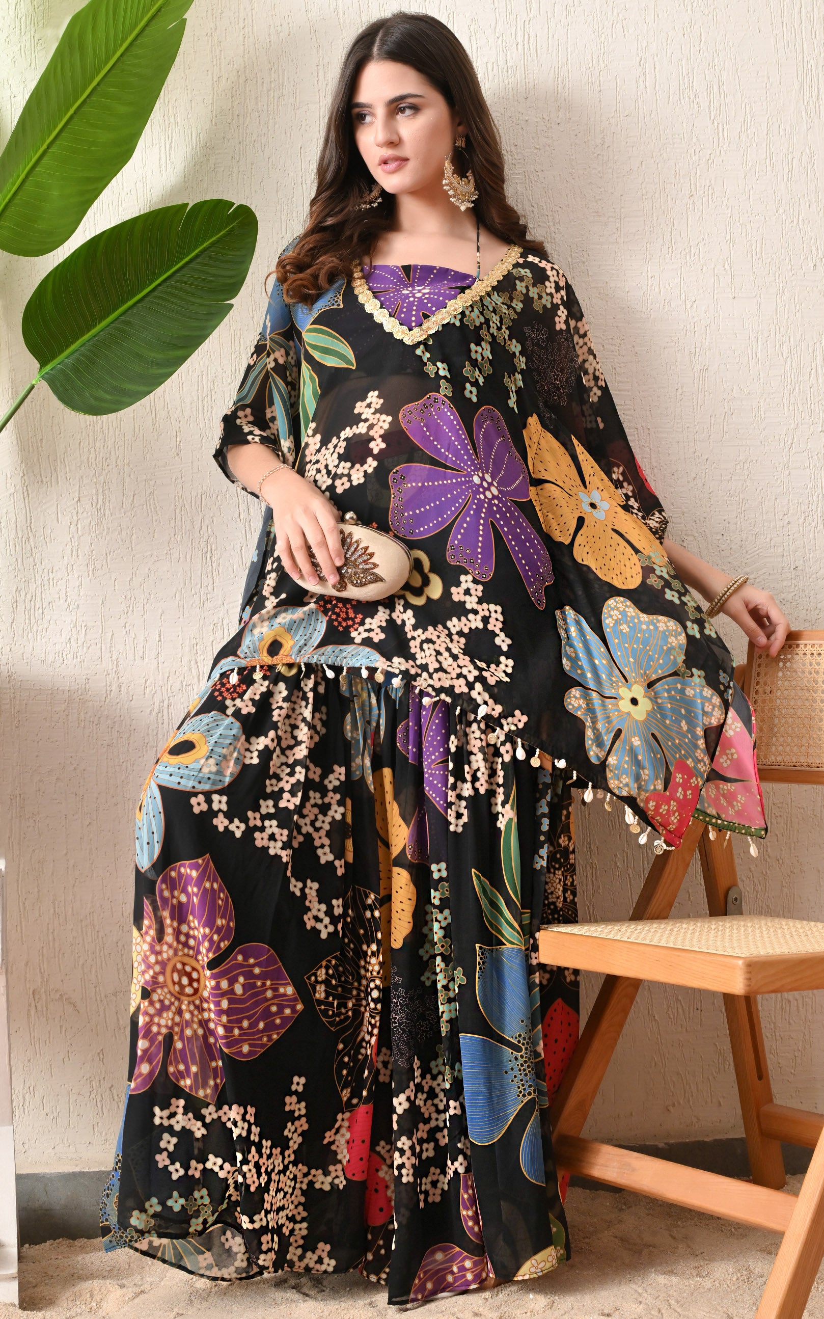 Black Floral Printed Crop Top Sharara Kaftan Set