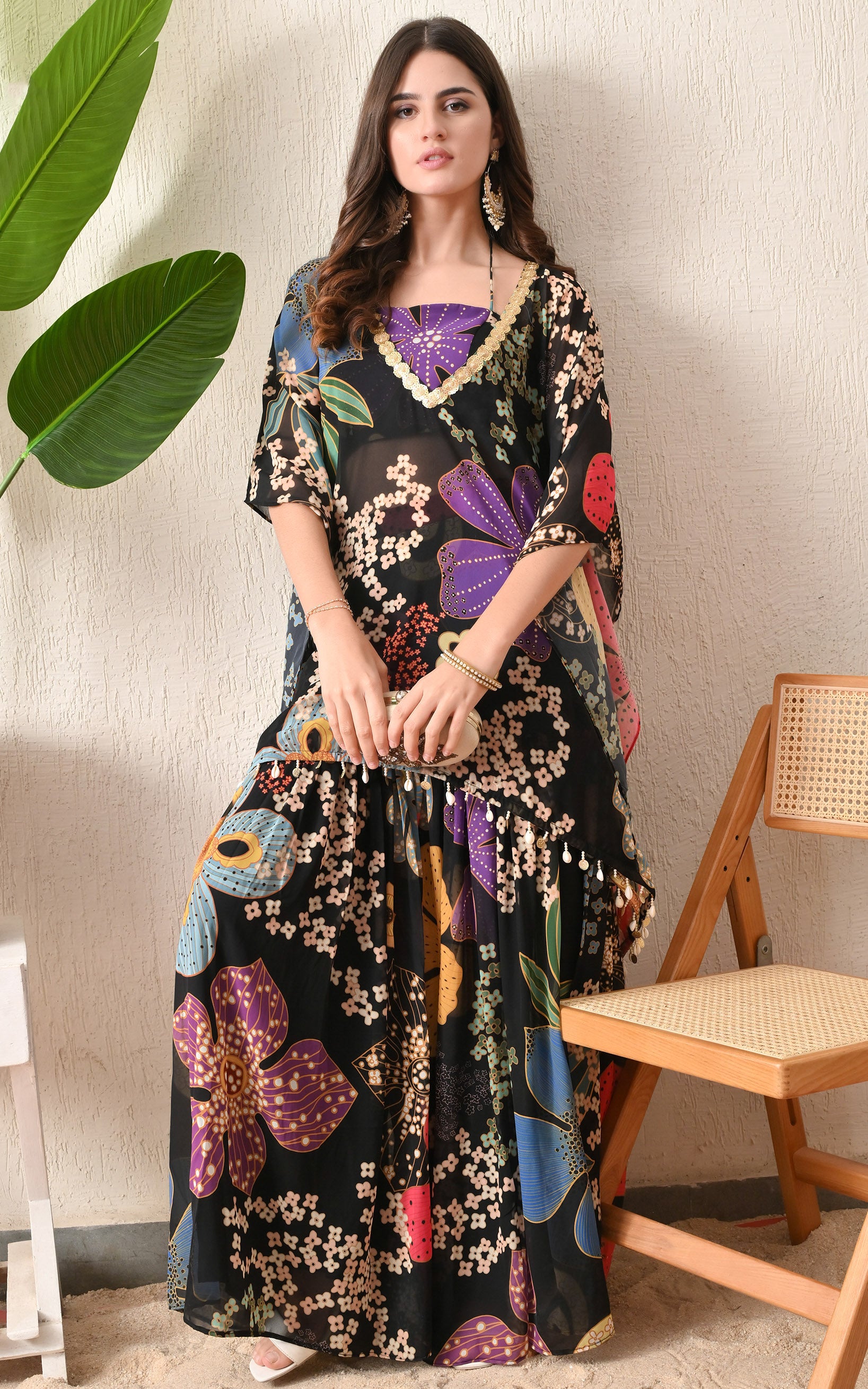 Black Floral Printed Crop Top Sharara Kaftan Set