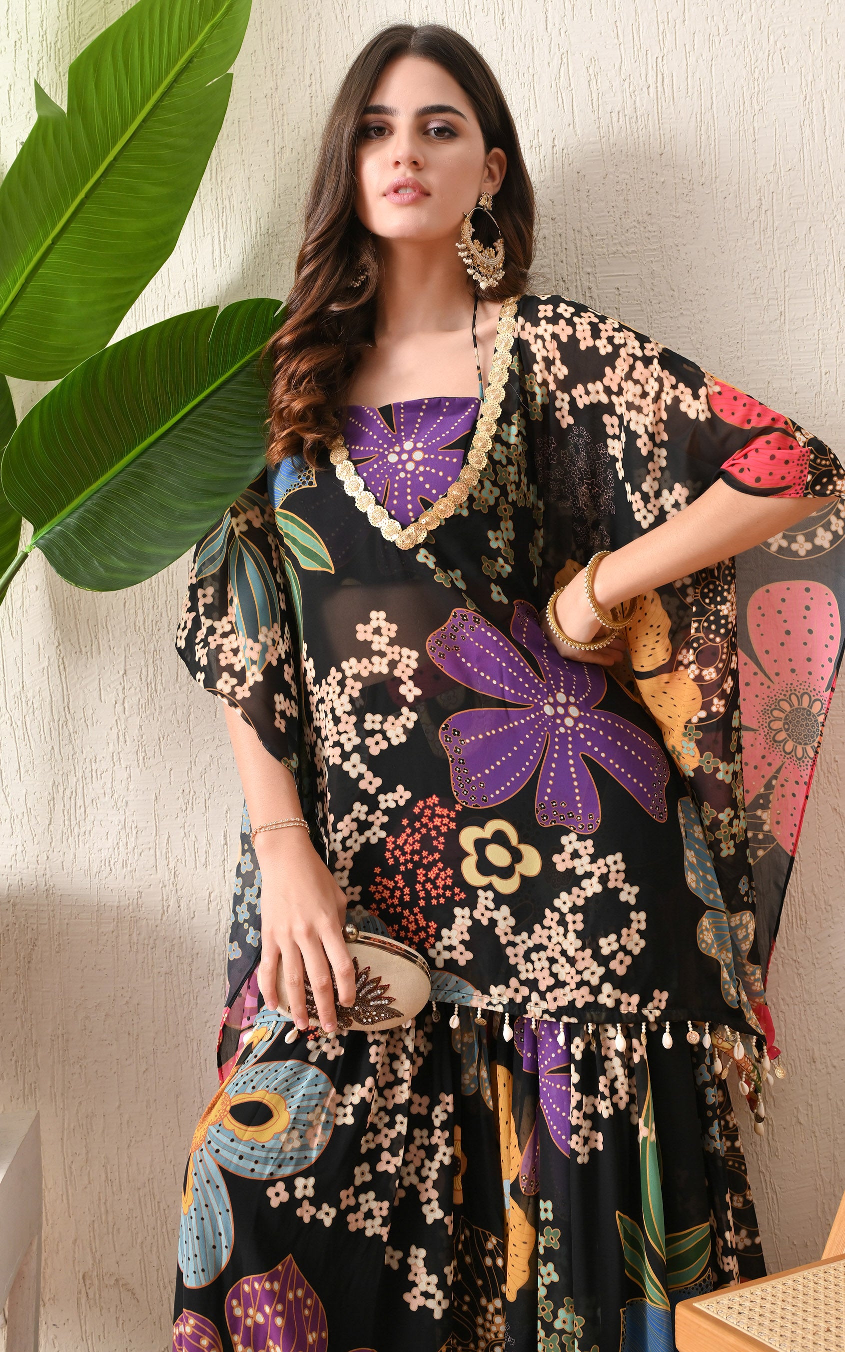 Black Floral Printed Crop Top Sharara Kaftan Set