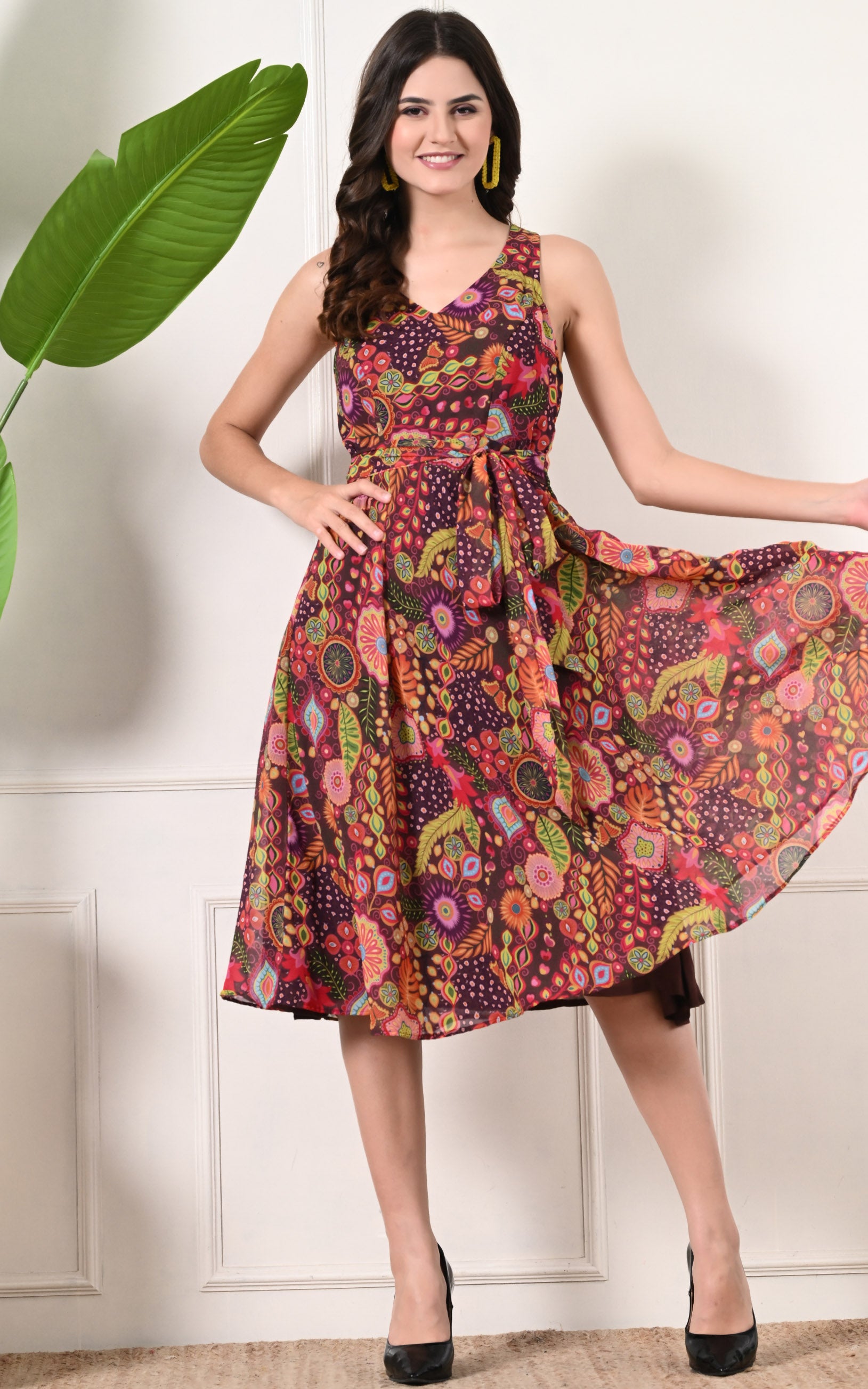 Purple Kitschy Print Flared Georgette Dress