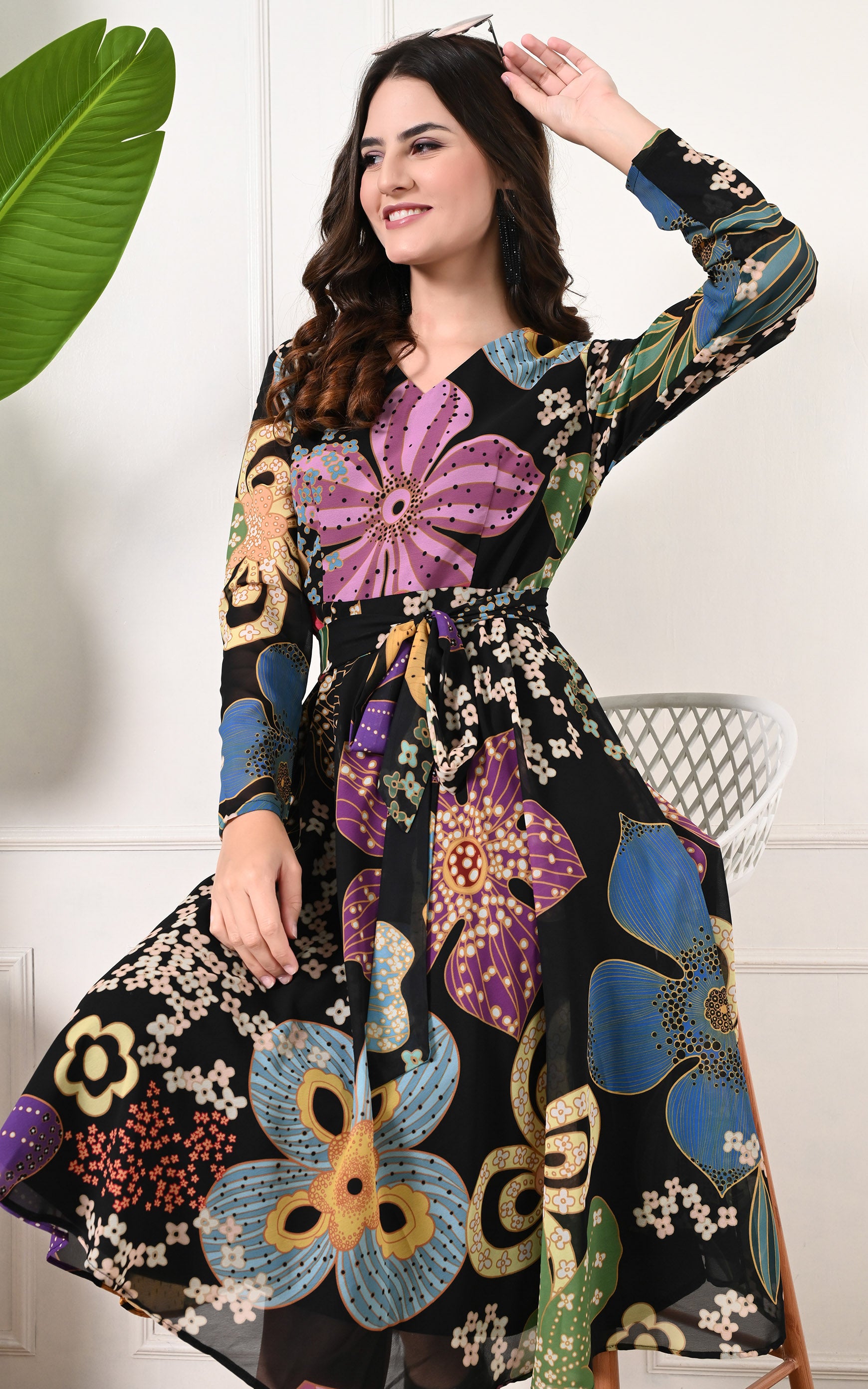 Black Floral Printed Flared Georgette Dress