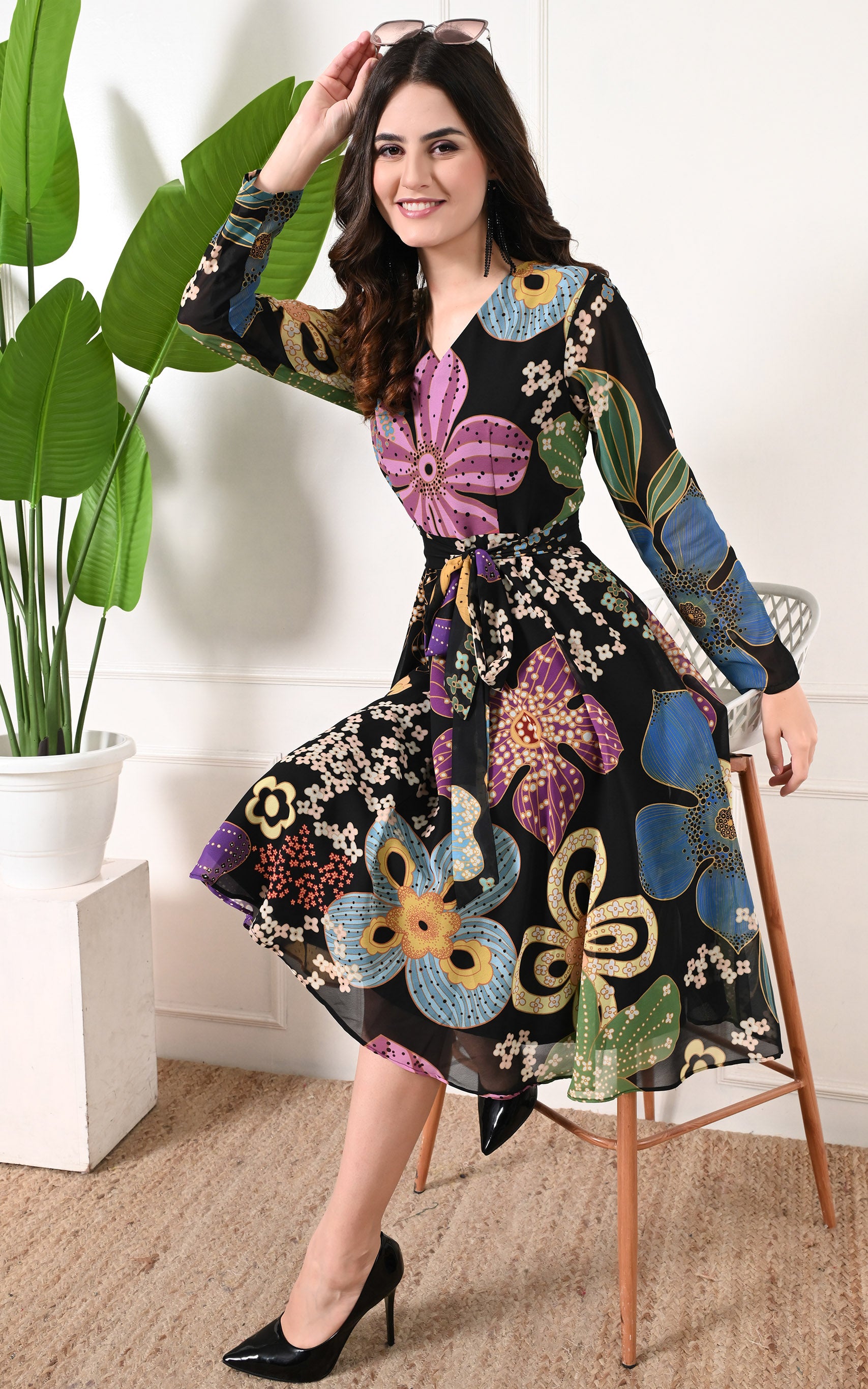 Black Floral Printed Flared Georgette Dress