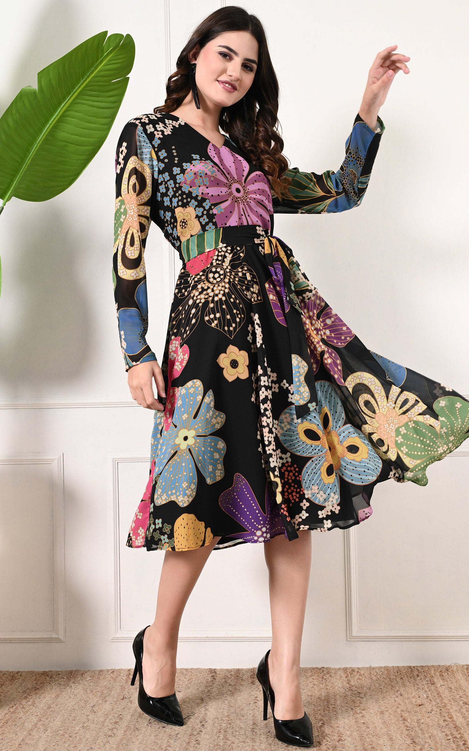 Black Floral Printed Flared Georgette Dress