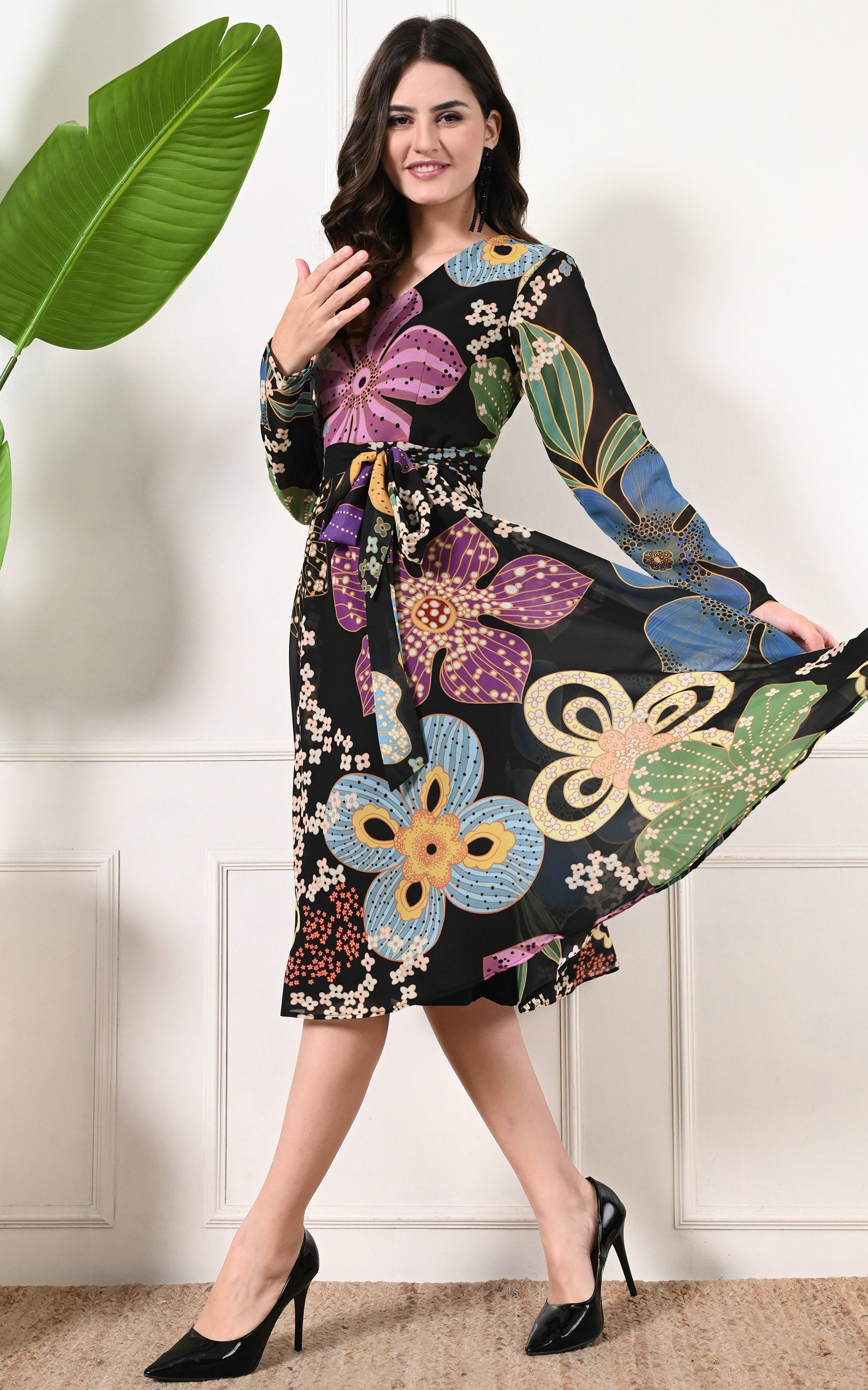 Black Floral Printed Flared Georgette Dress