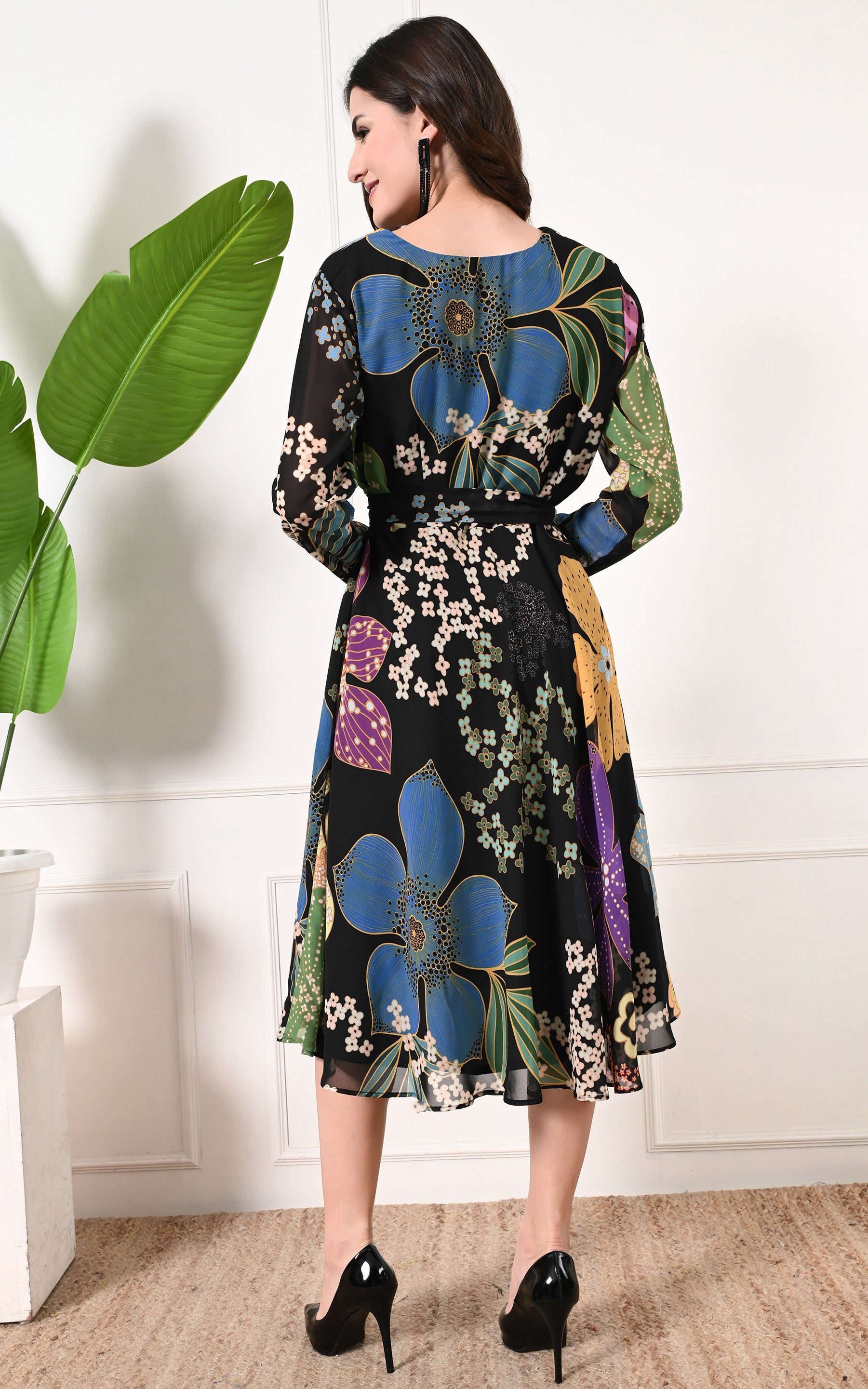 Black Floral Printed Flared Georgette Dress