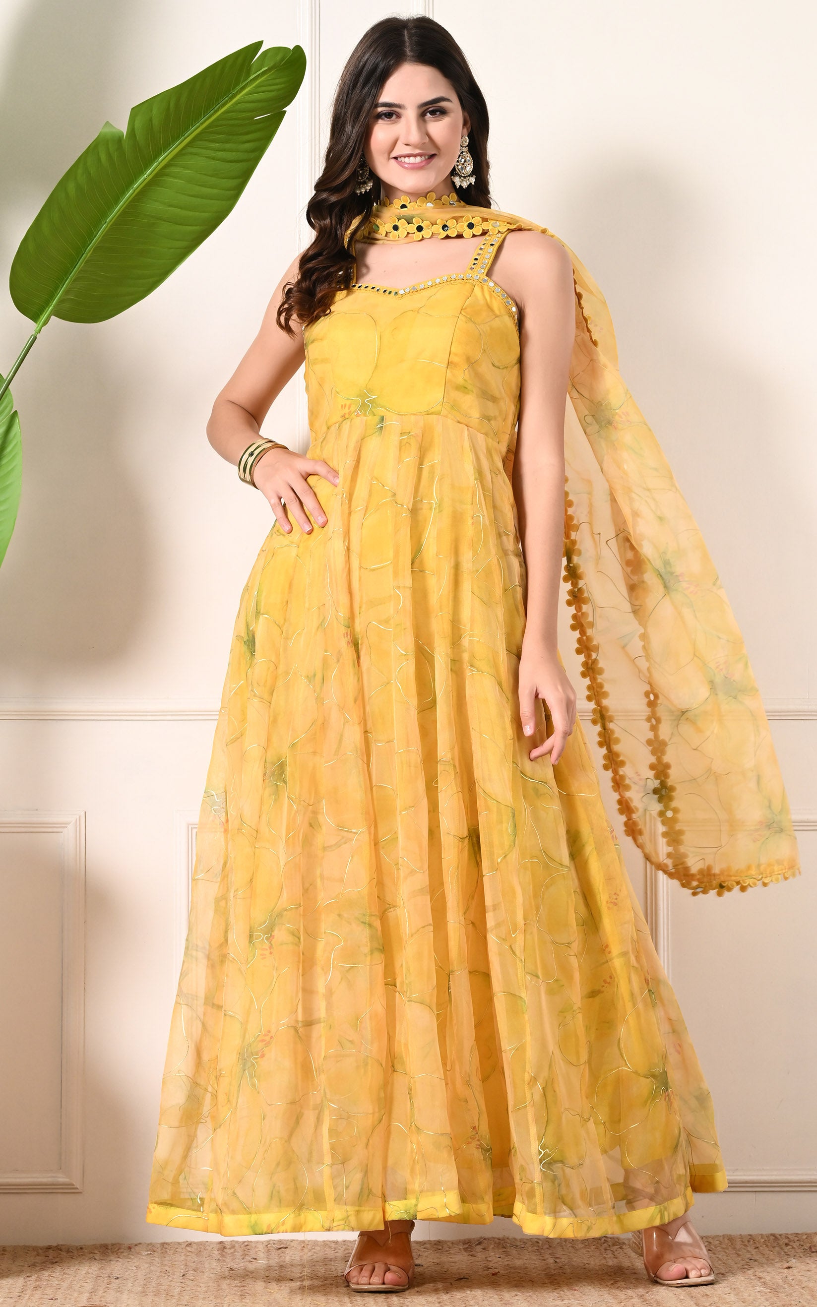 Yellow Floral Handpainted Organza Mirrorwork Anarkali