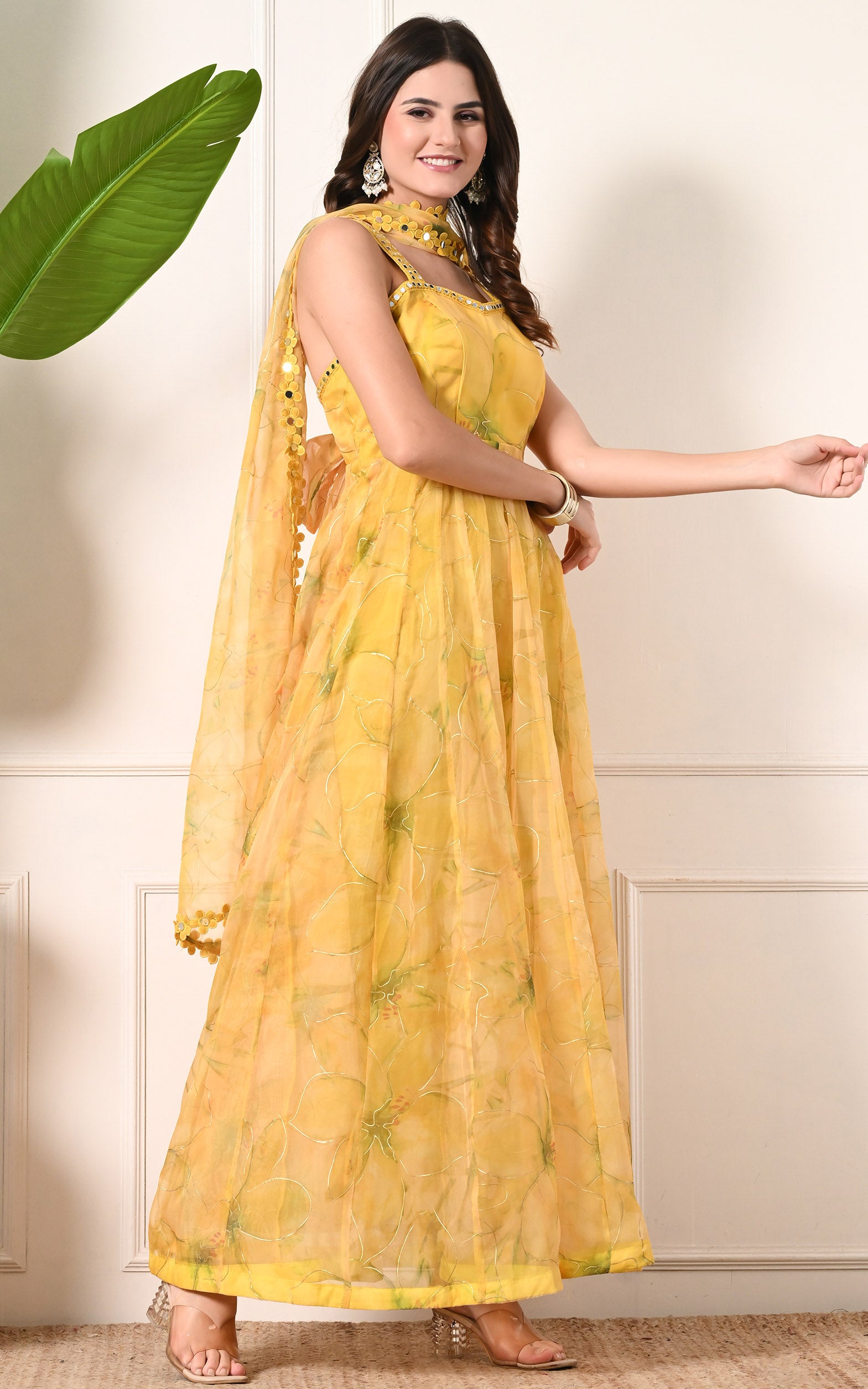 Yellow Floral Handpainted Organza Mirrorwork Anarkali