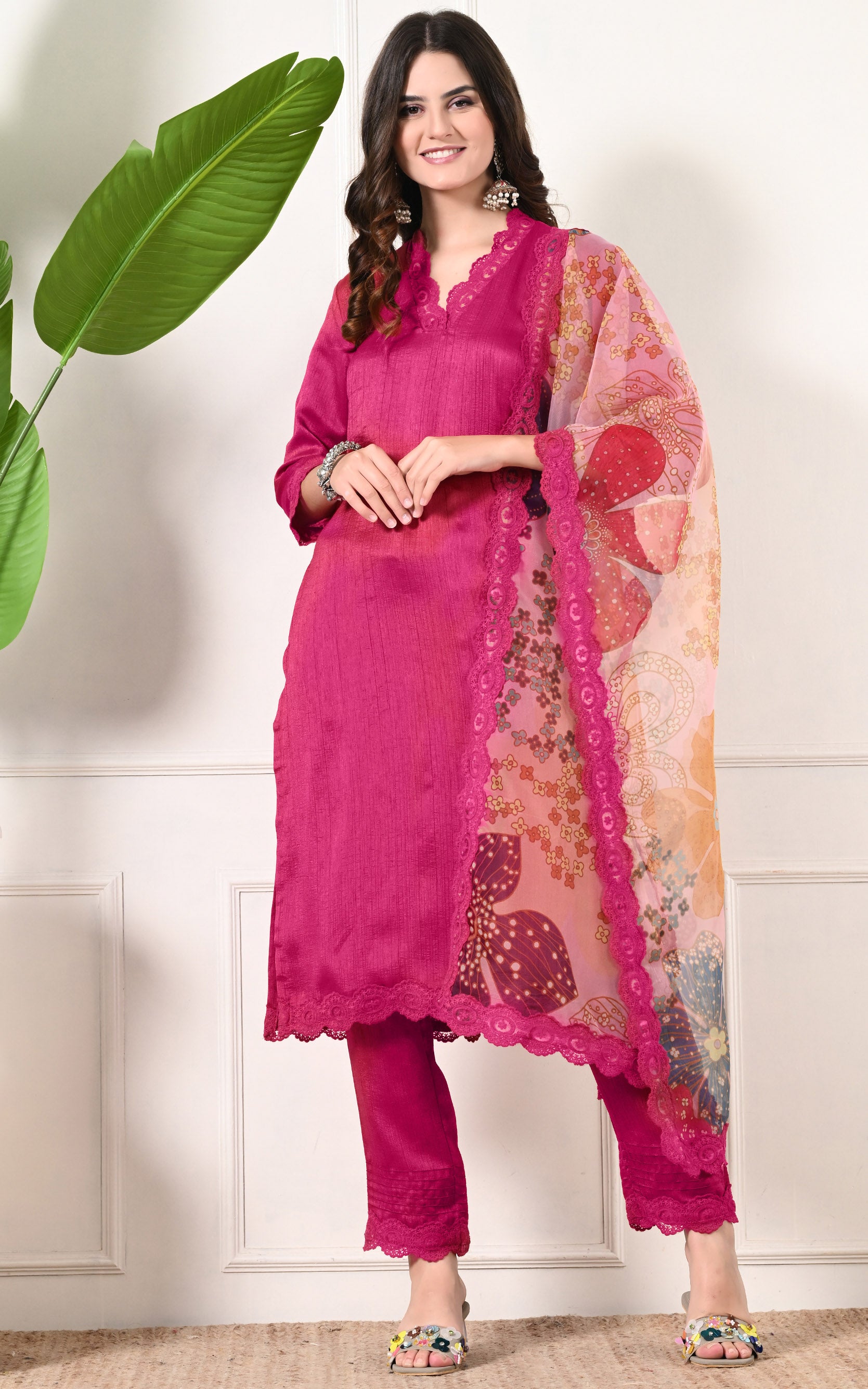 Pink Lace-work Kurta Set with Organza Dupatta