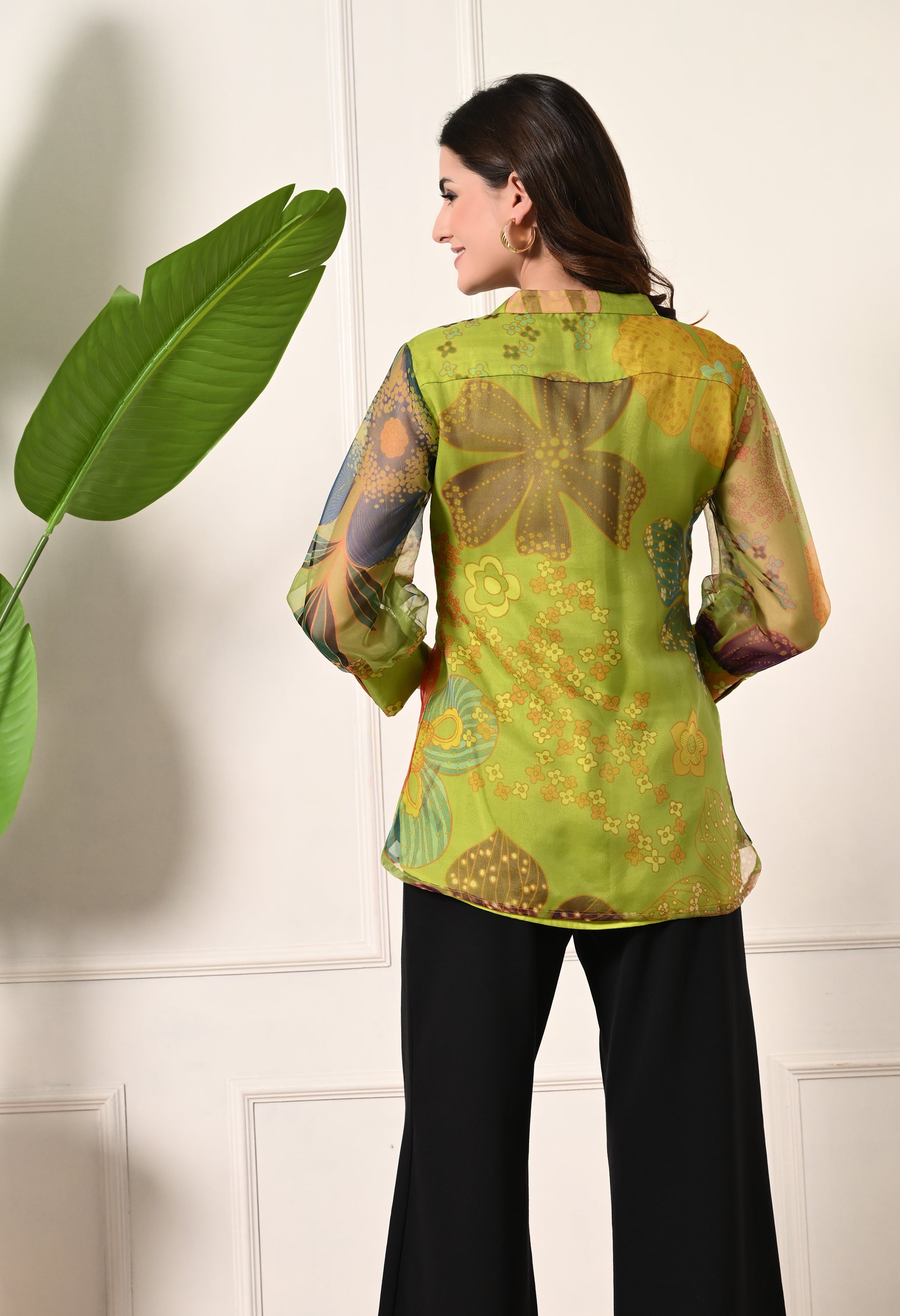 Parrot Green Floral Organza Shirt Top