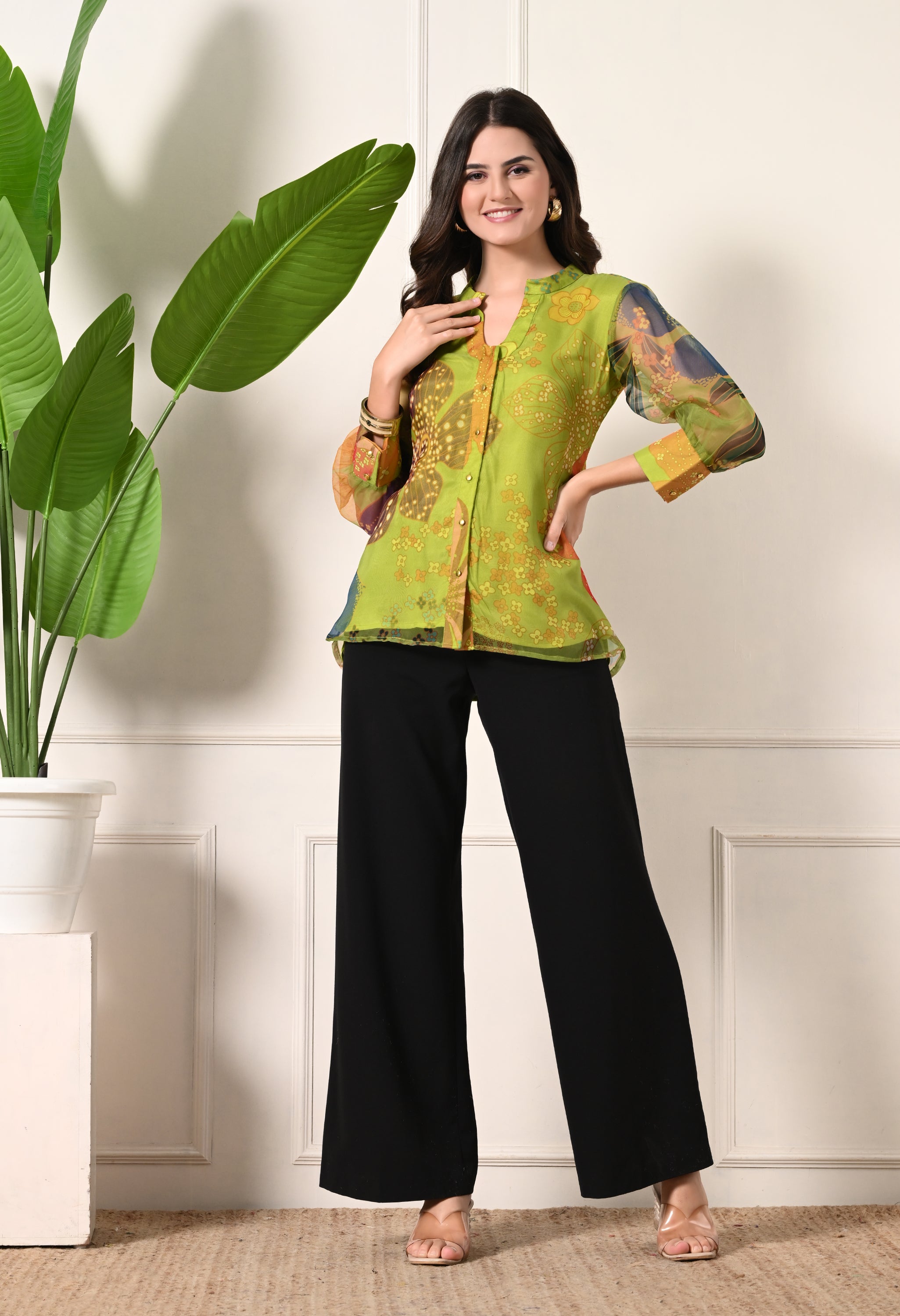 Parrot Green Floral Organza Shirt Top