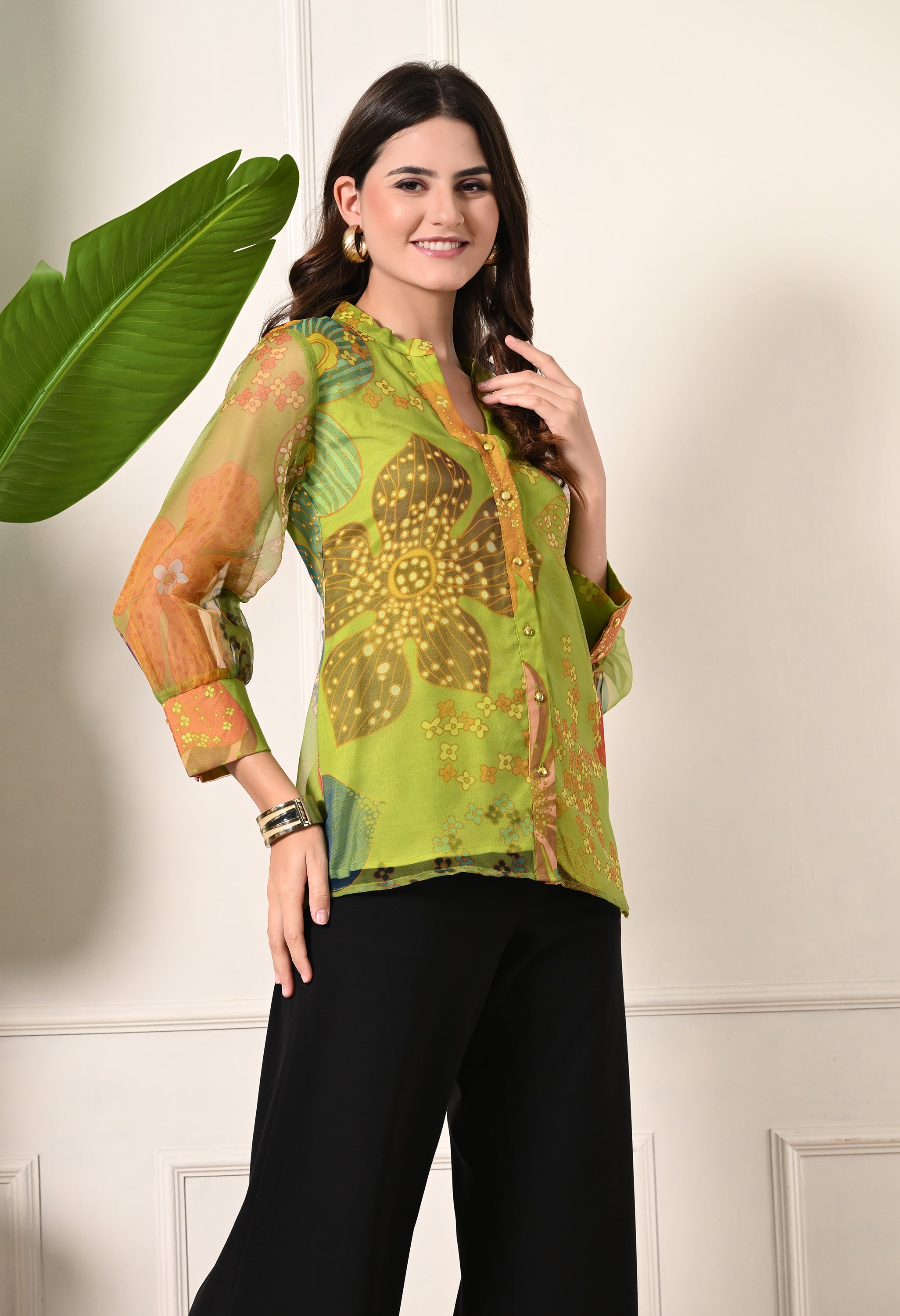 Parrot Green Floral Organza Shirt Top