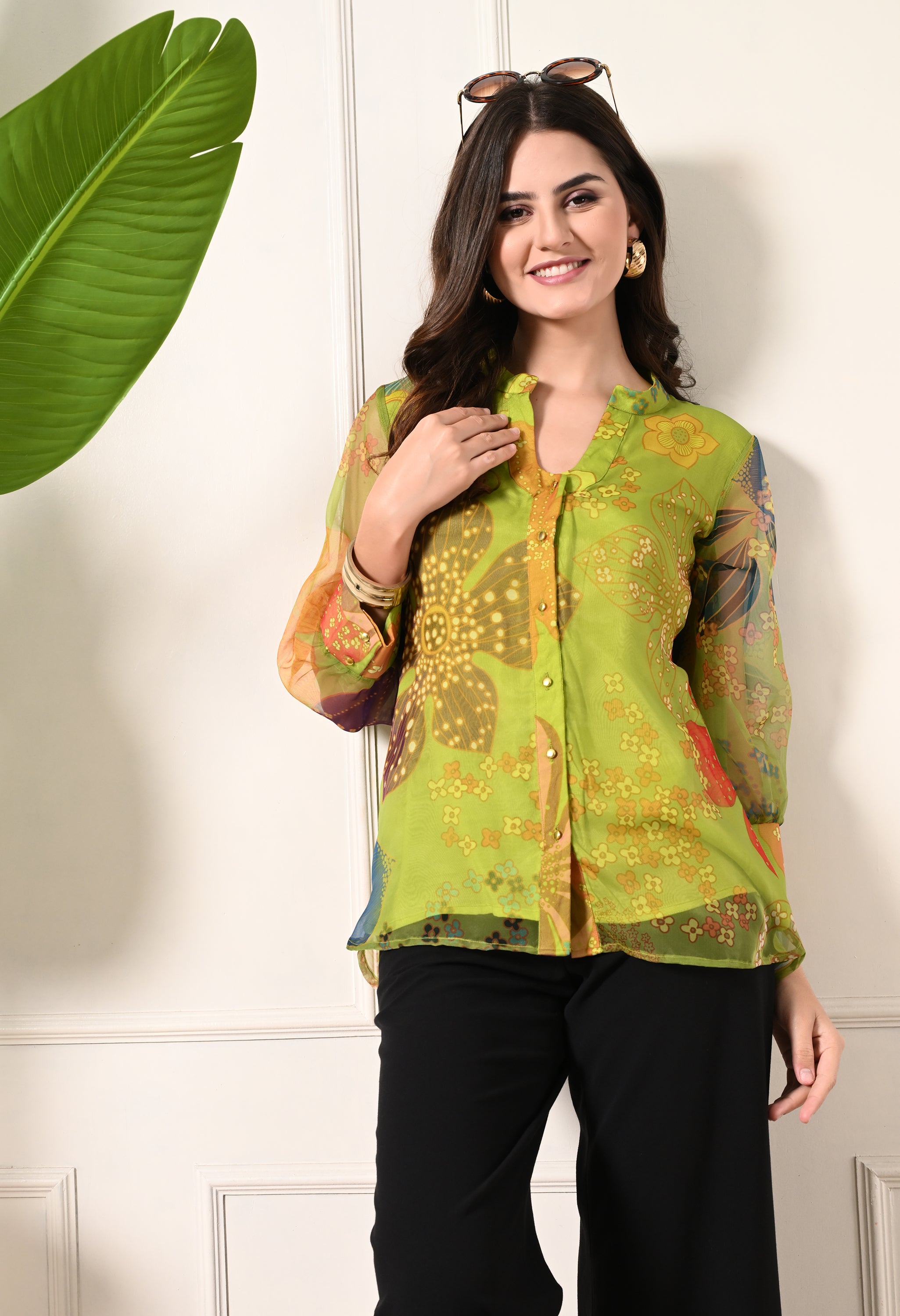 Parrot Green Floral Organza Shirt Top