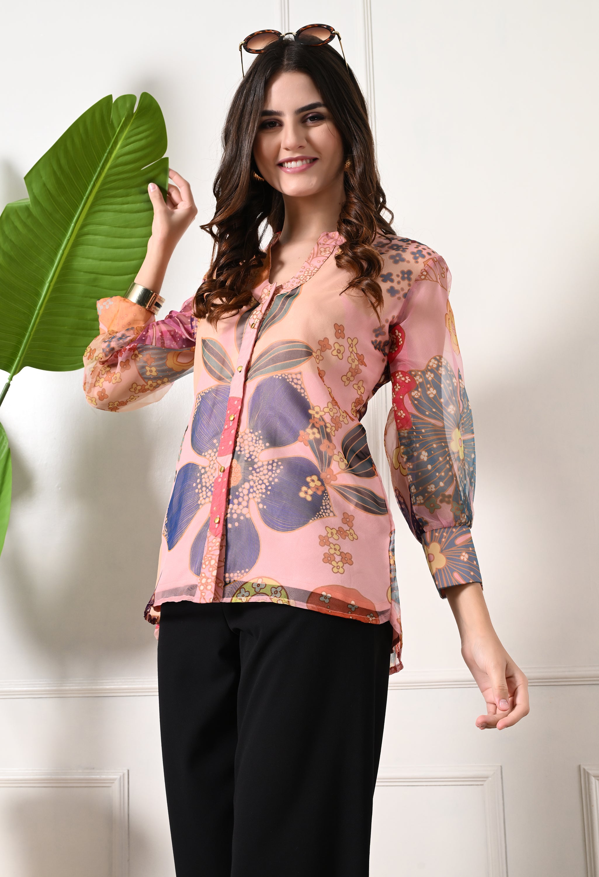 Pink Floral Printed Organza Shirt Top