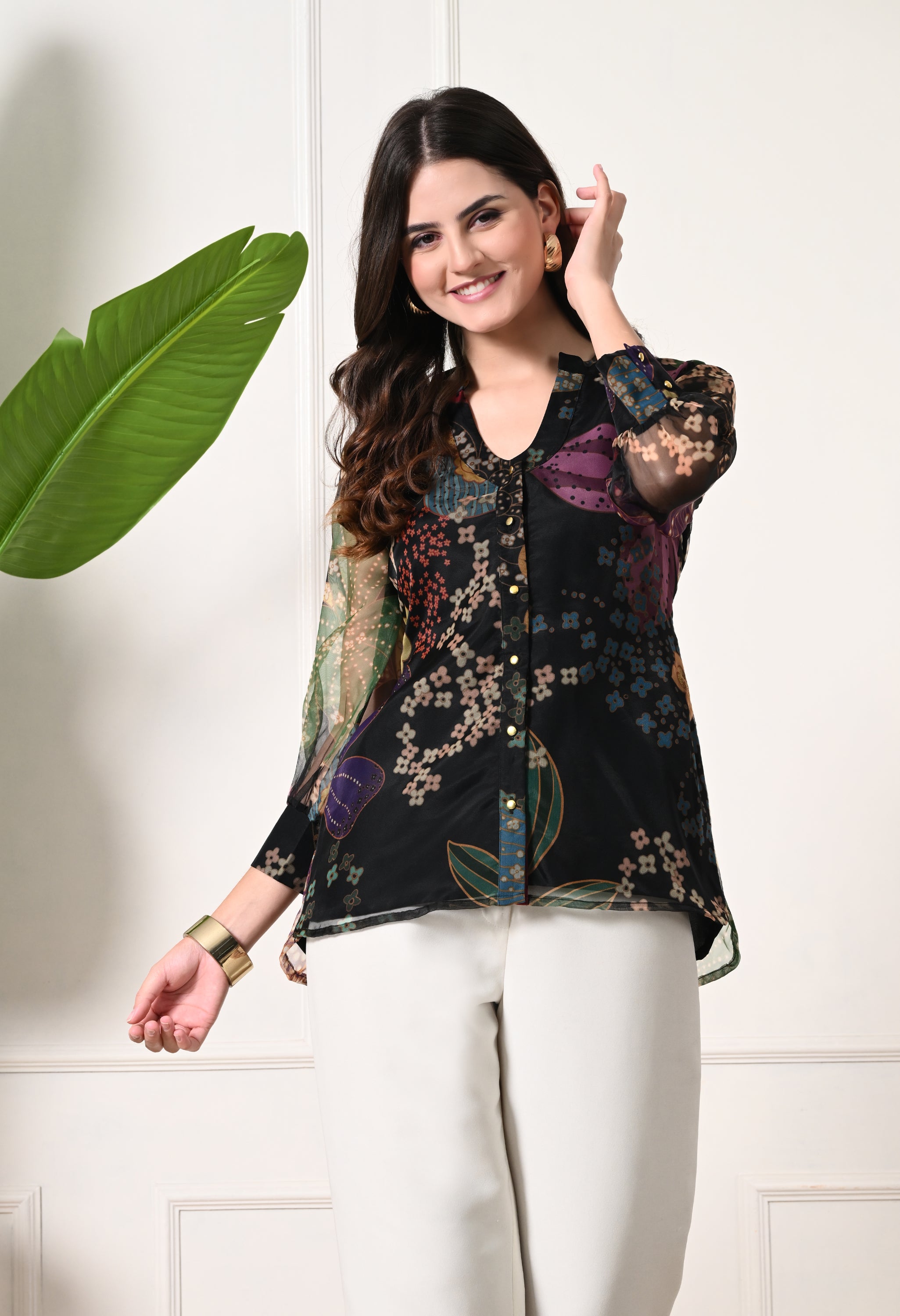 Black Floral Printed Organza Shirt Top