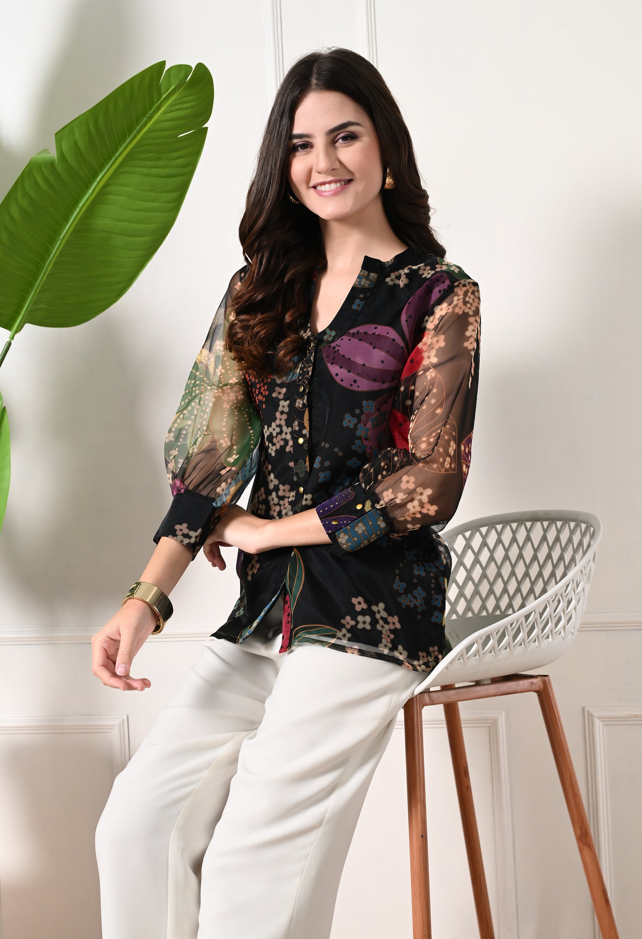 Black Floral Printed Organza Shirt Top