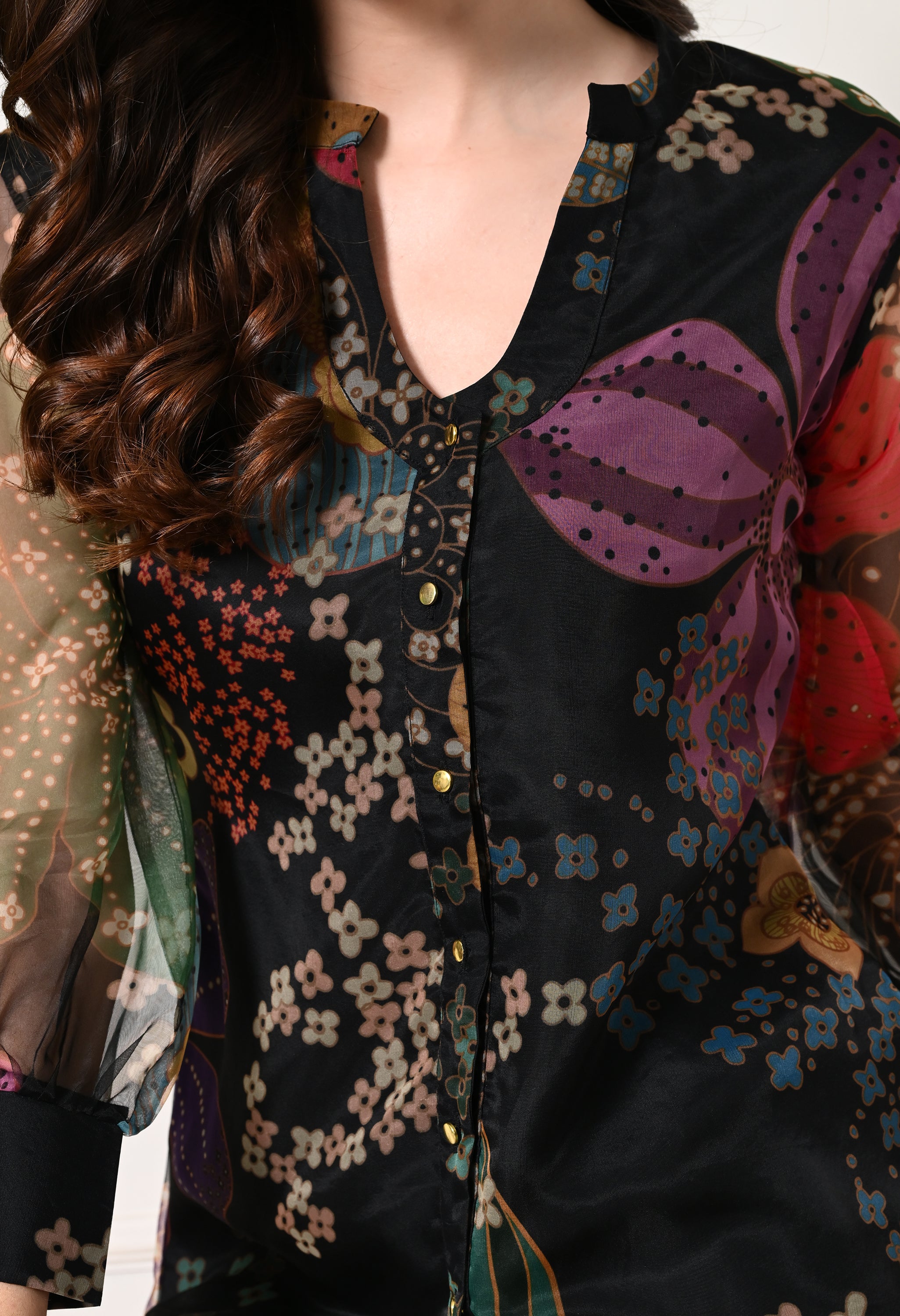 Black Floral Printed Organza Shirt Top