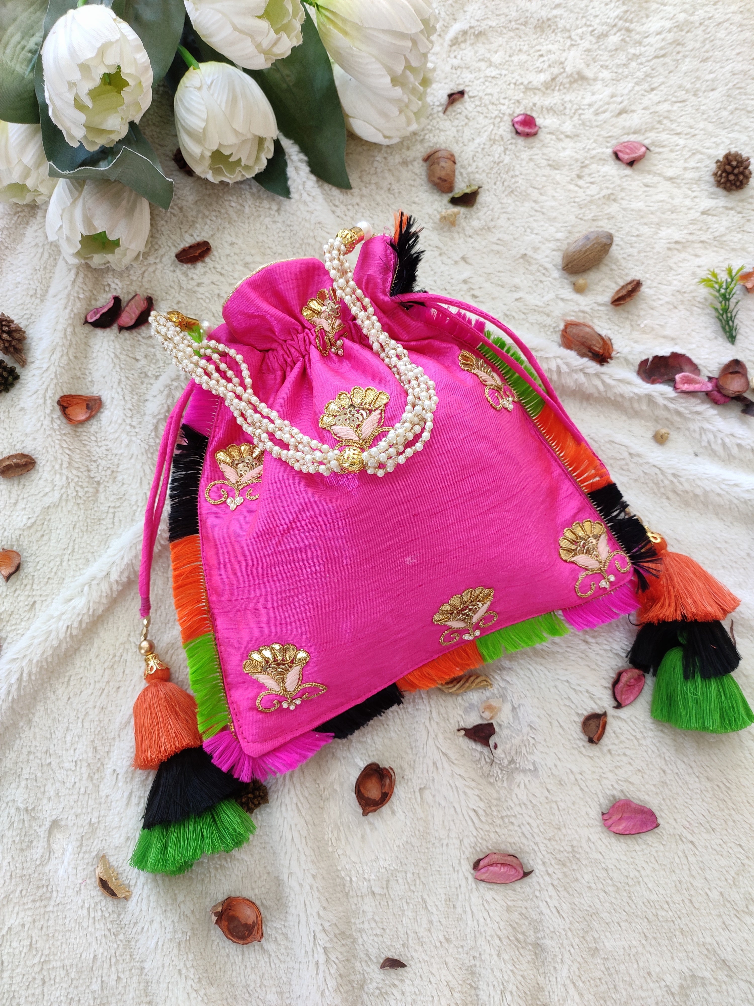 Hot Pink Gota Patti Potli Bag