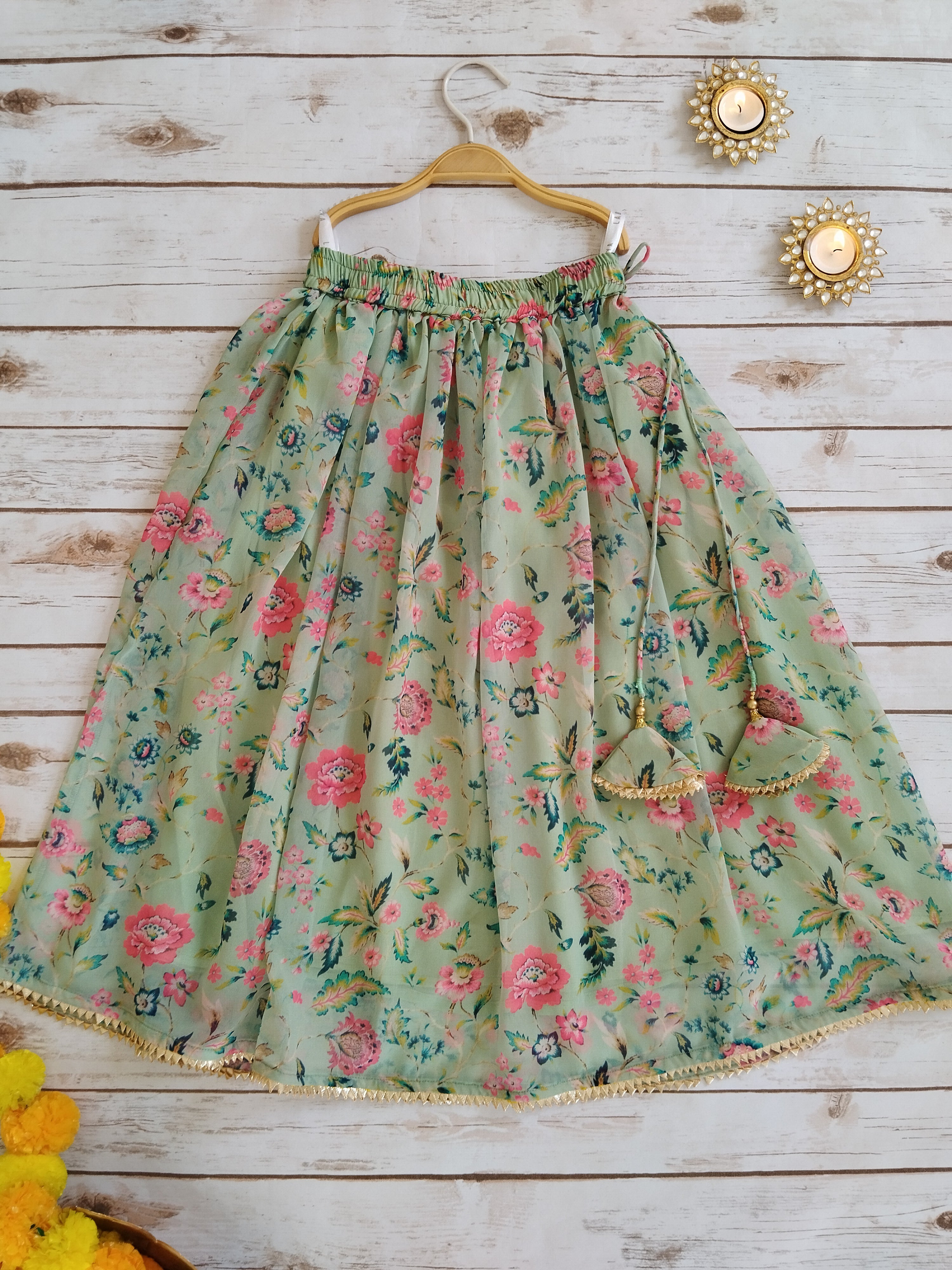 Sage Green Floral Printed Georgette Kids Lehenga