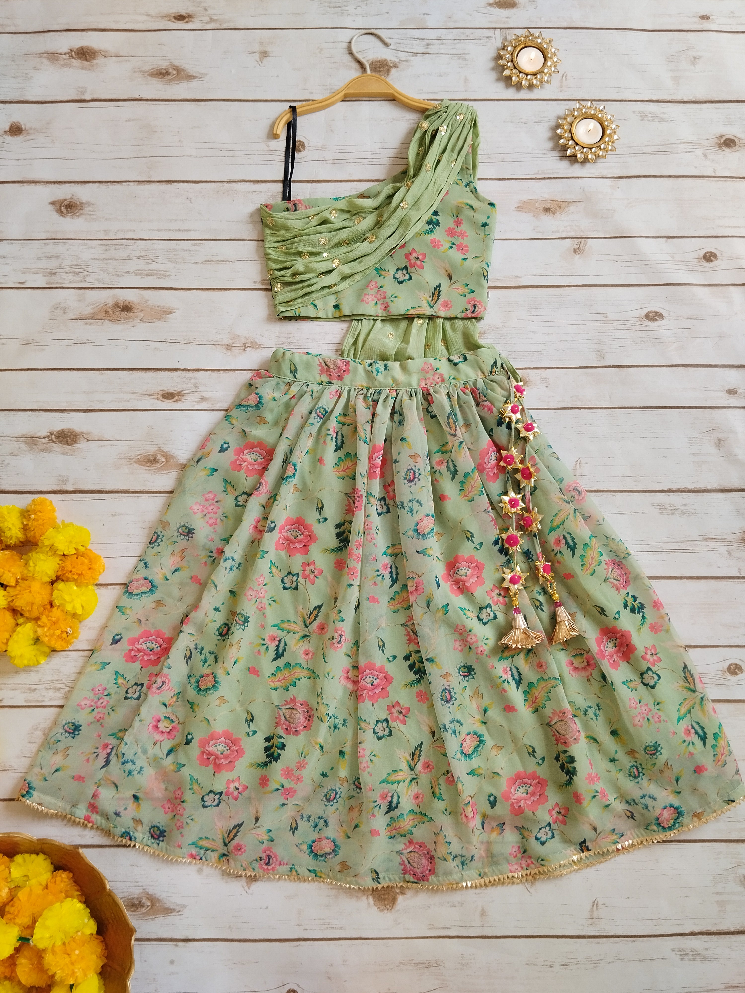 Kashvi Sage Green Floral Printed Georgette Kids Lehenga with One shoulder Blouse