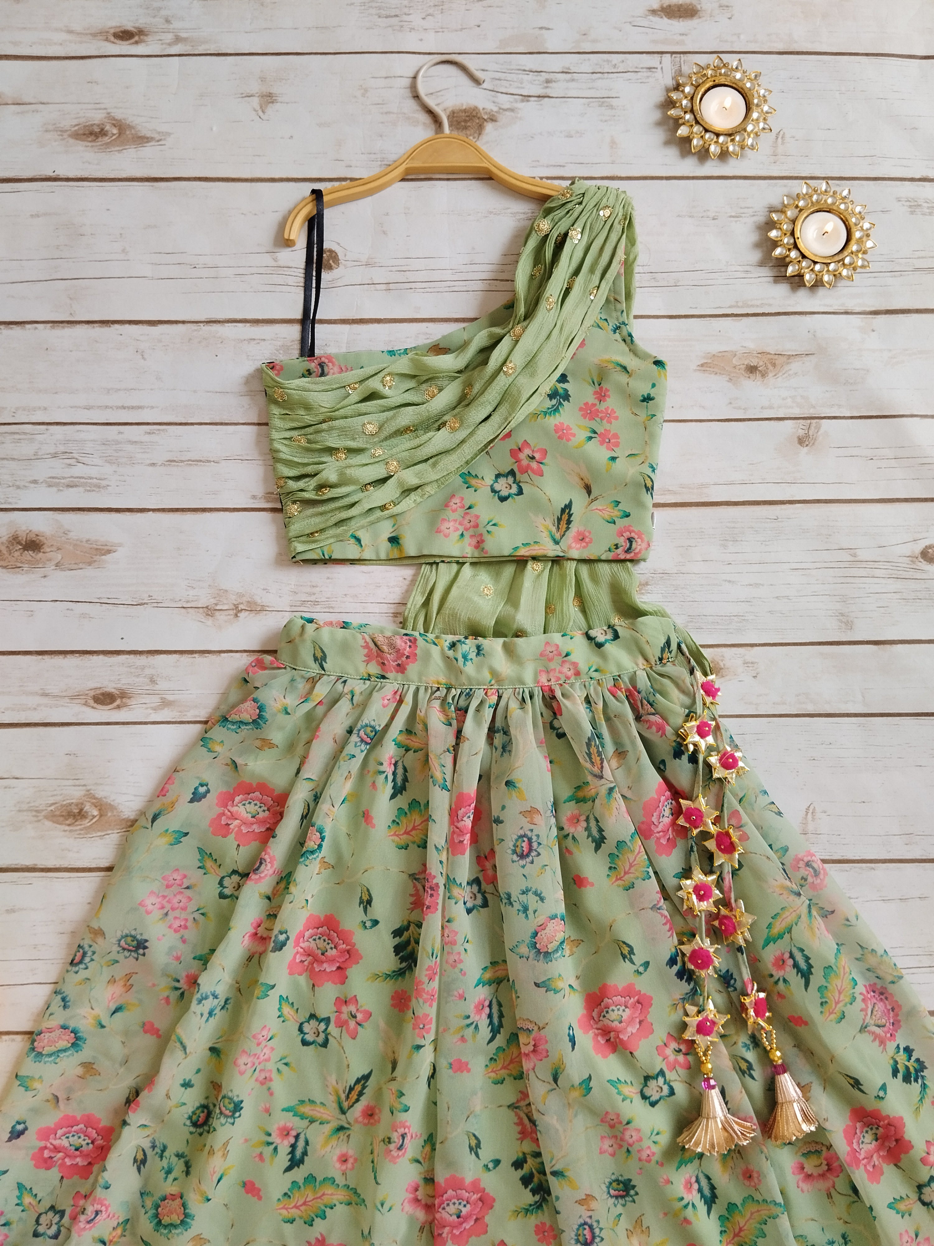 Kashvi Sage Green Floral Printed Georgette Kids Lehenga with One-shoulder Blouse