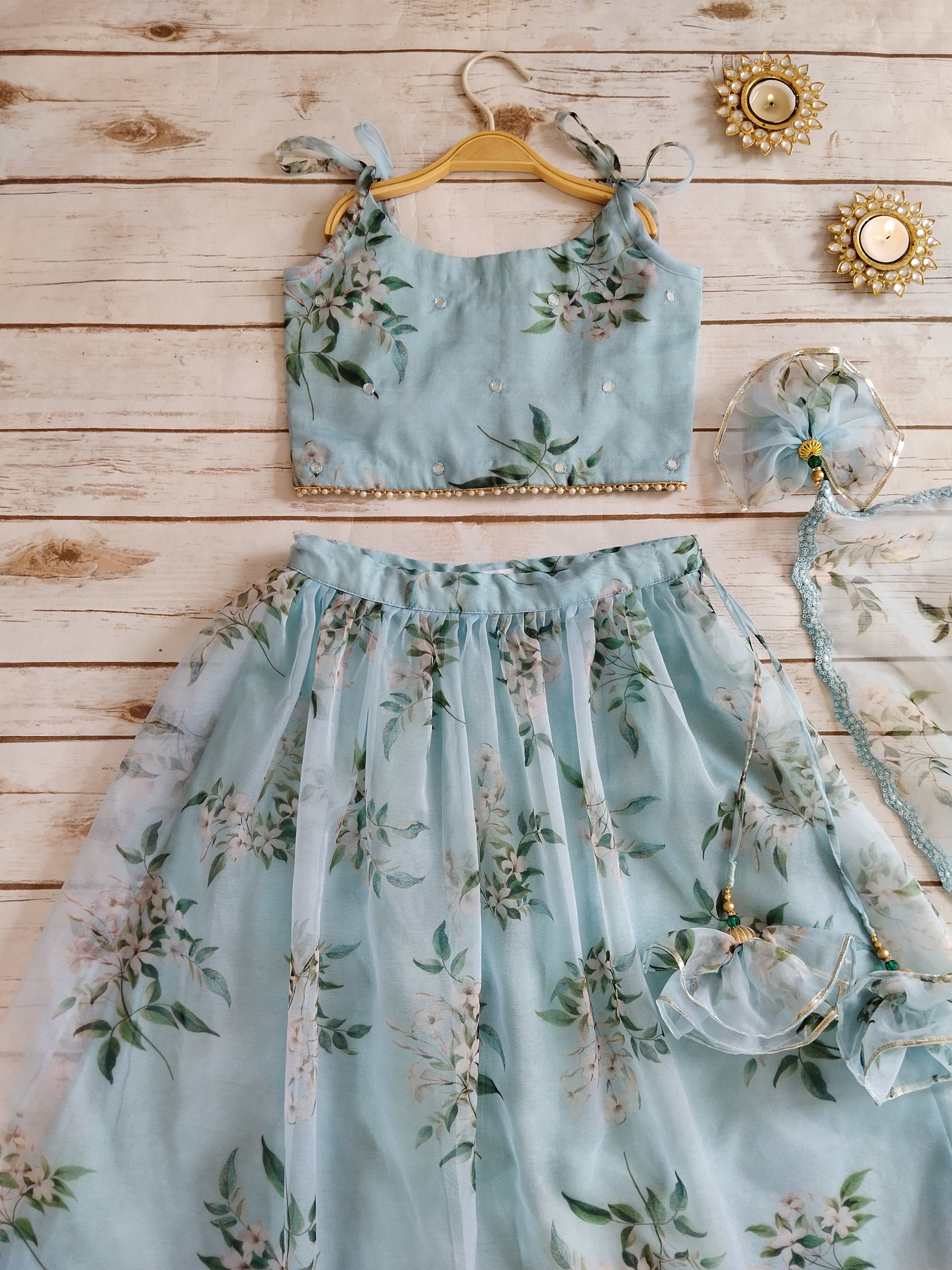 Powder Blue Mirrorwork Organza Kids Lehenga