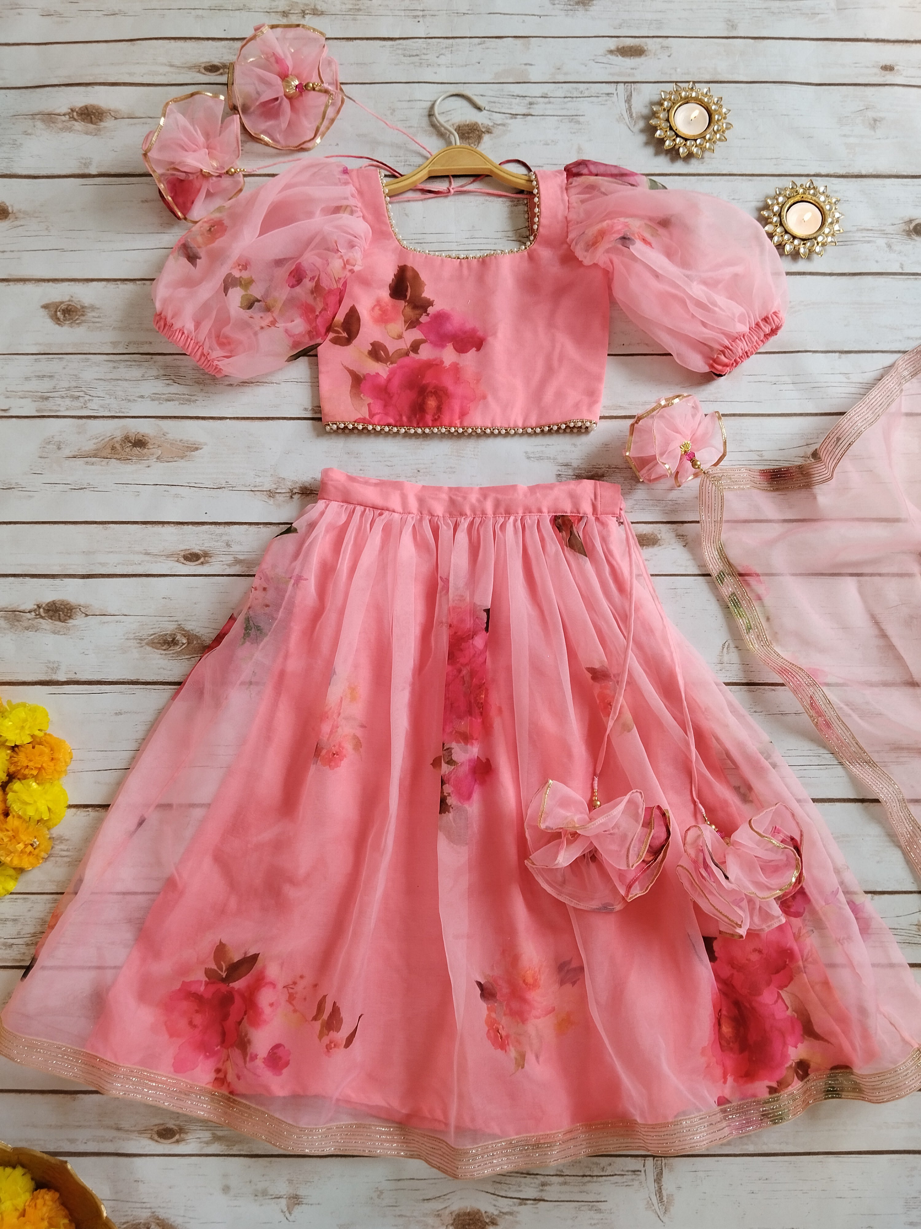 Eva Blush Pink Floral Organza Kids Lehenga