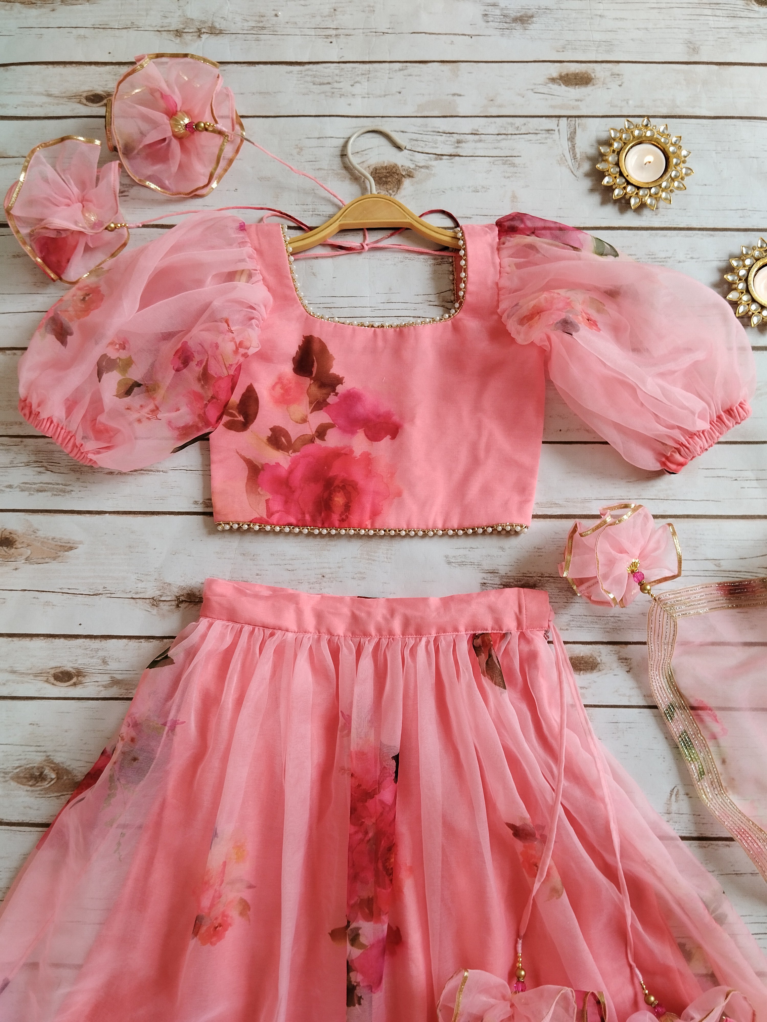 Eva Blush Pink Floral Organza Kids Lehenga