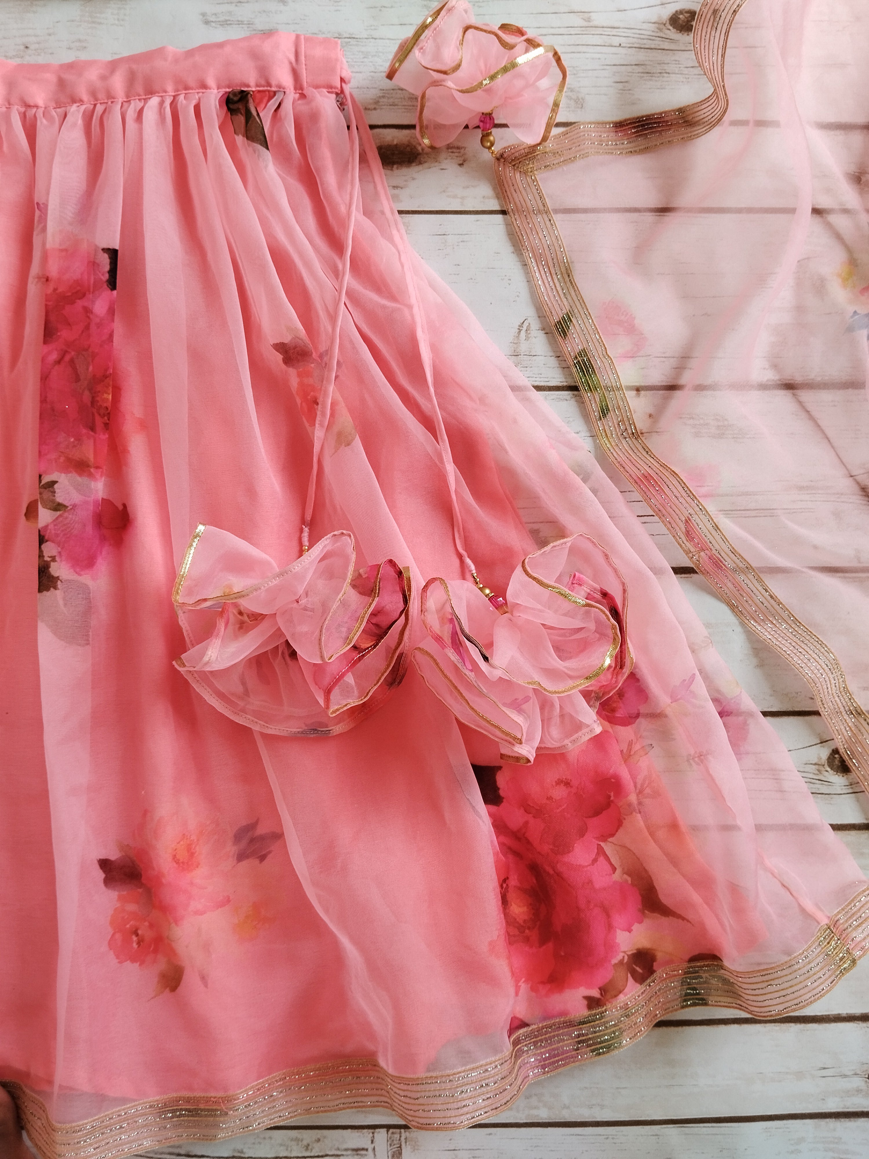 Eva Blush Pink Floral Organza Kids Lehenga