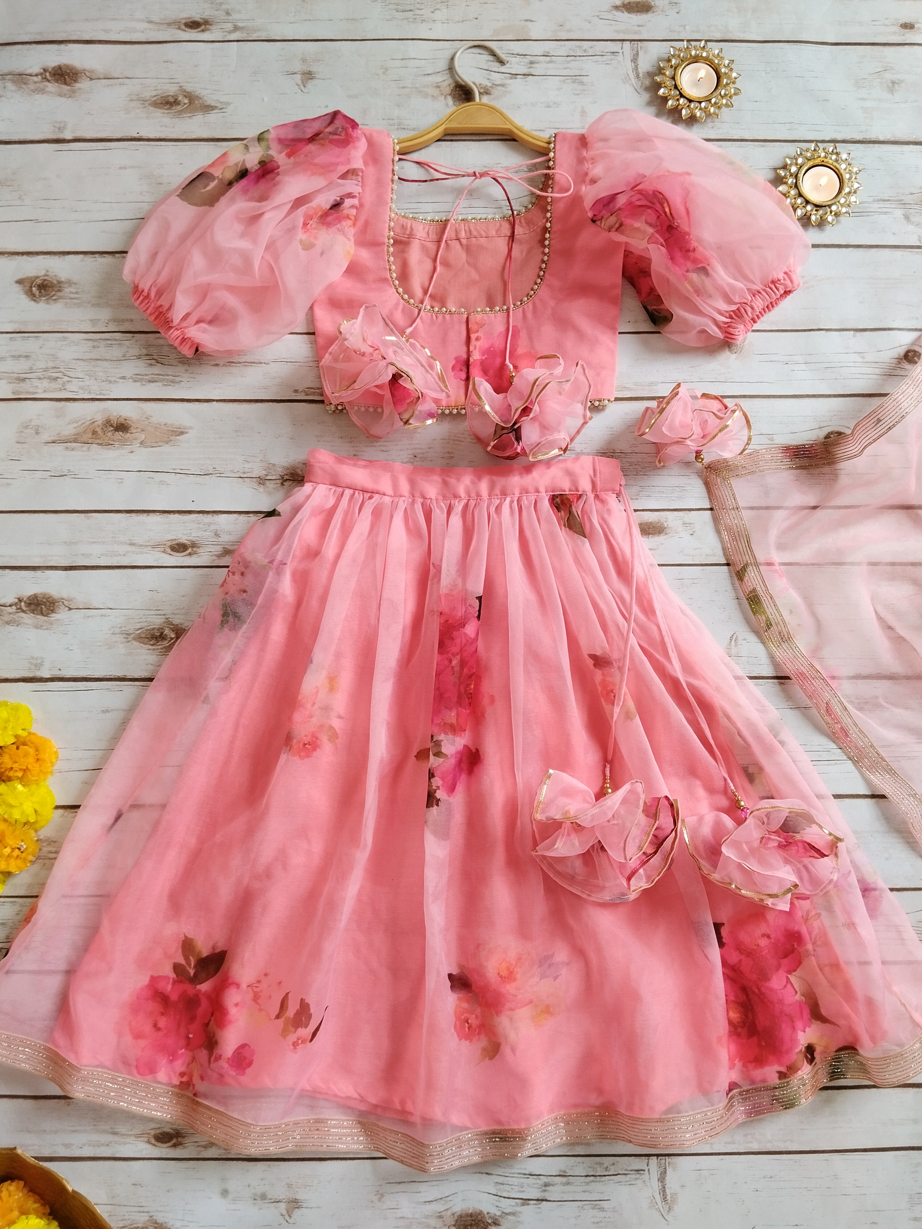 Eva Blush Pink Floral Organza Kids Lehenga