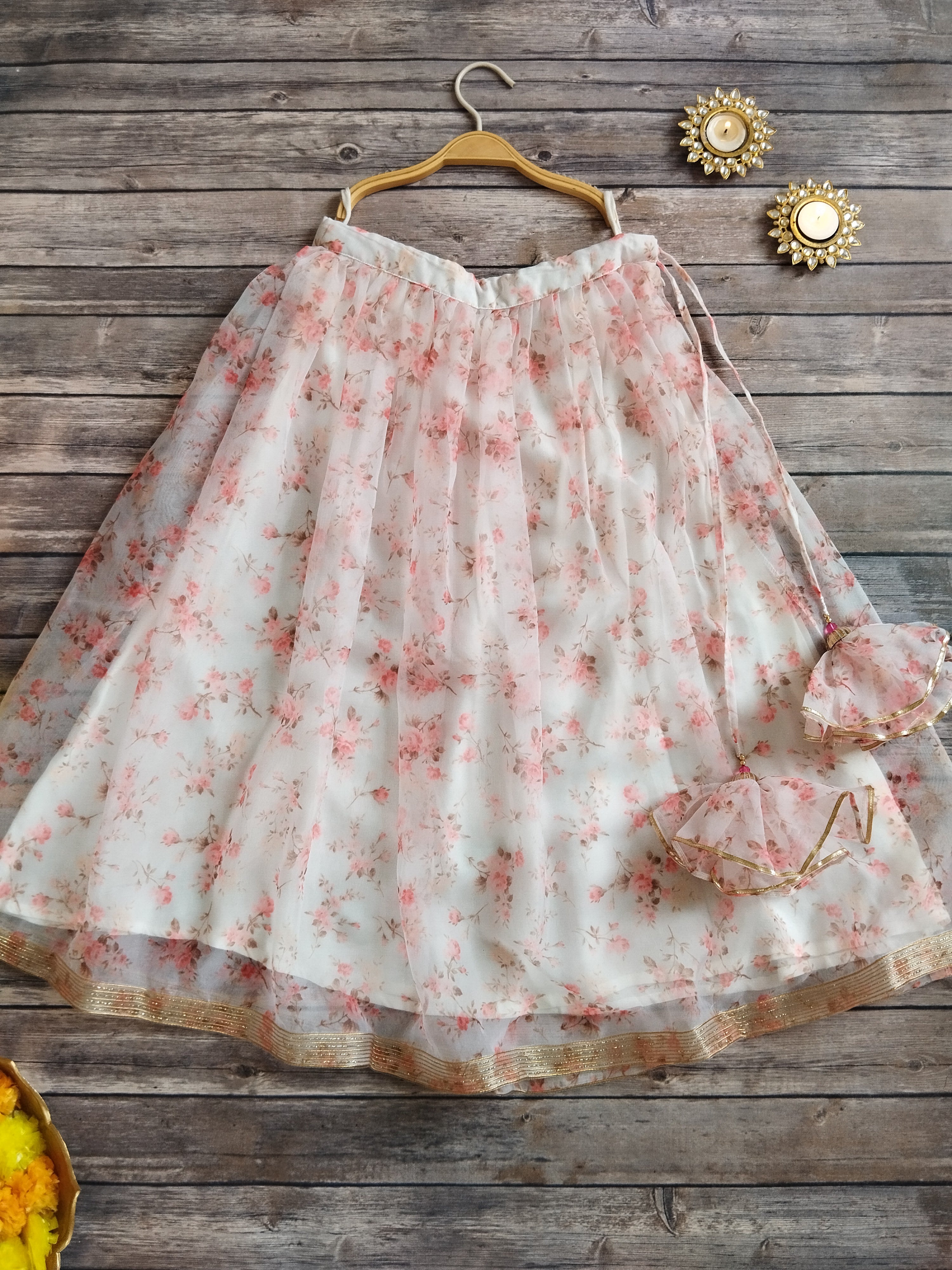 White Floral Organza Kids Lehenga