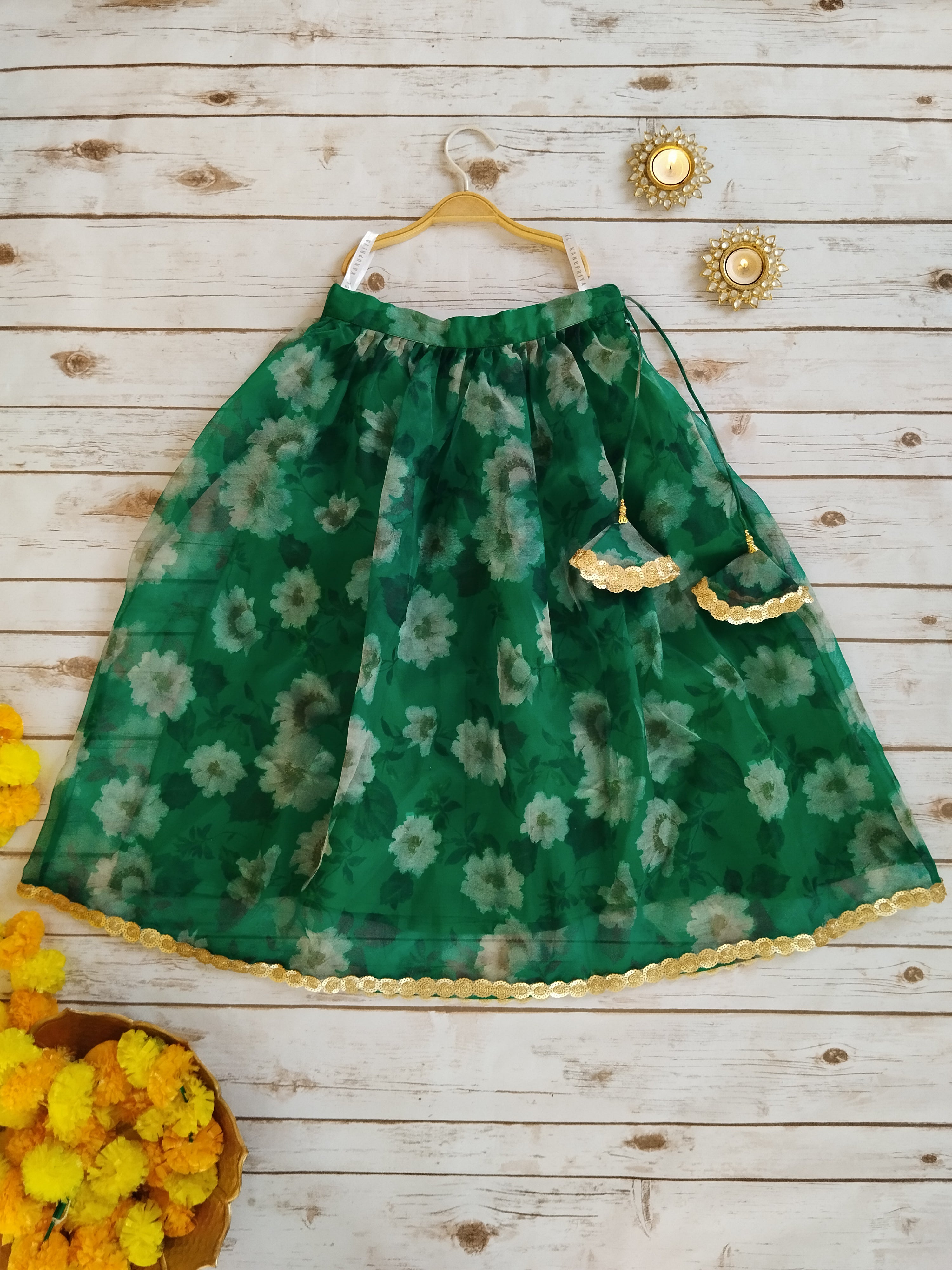 Forest Green Organza Kid's Lehenga